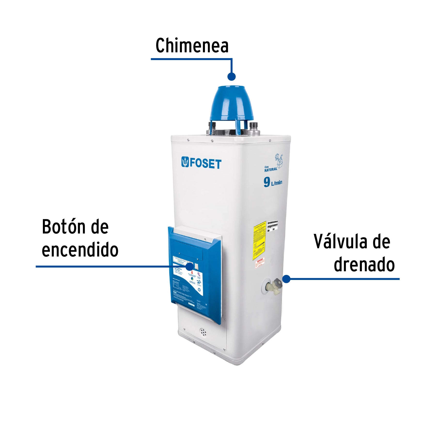 Calentador de paso, electrónico, 9L, 2 serv, gas nat, FOSET. Modelo: CALE-9P-EN