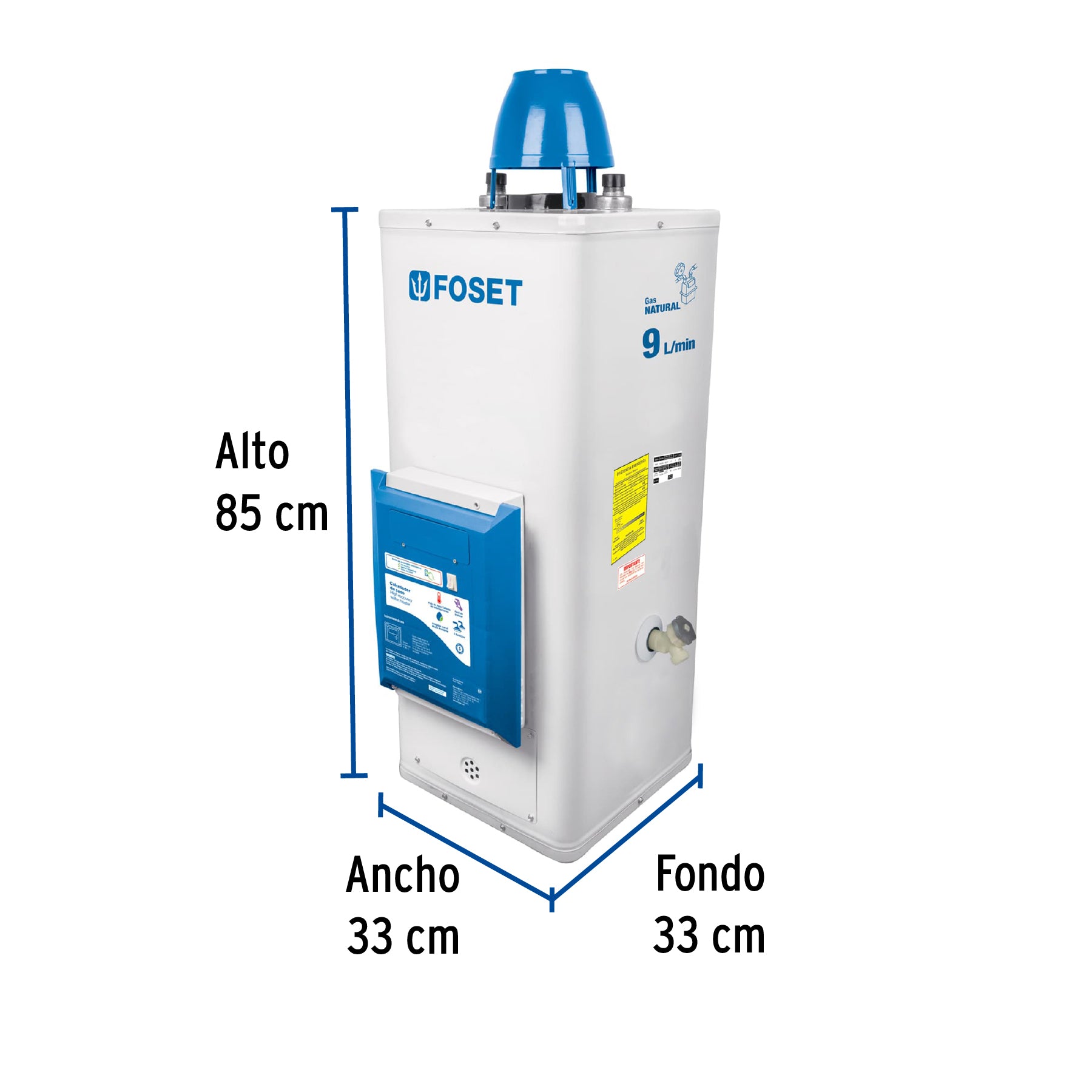 Calentador de paso, electrónico, 9L, 2 serv, gas nat, FOSET. Modelo: CALE-9P-EN