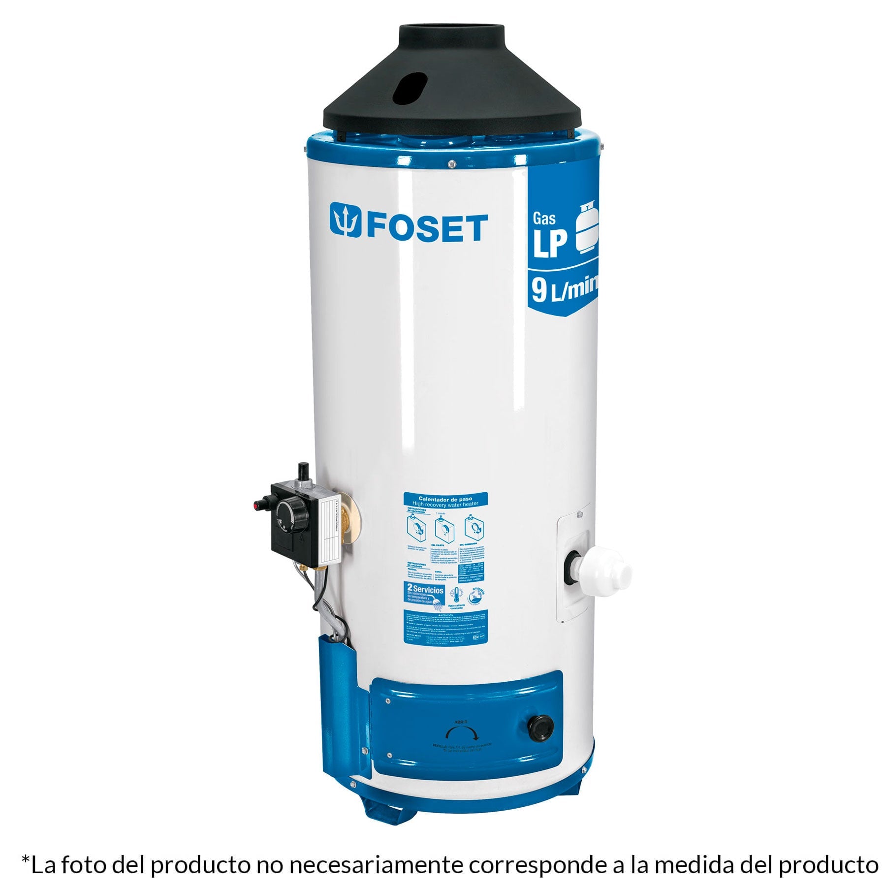 Calentador de paso, rápida recup, 9L, 2 serv, gas nat, FOSET. Modelo: CALE-9PA-N