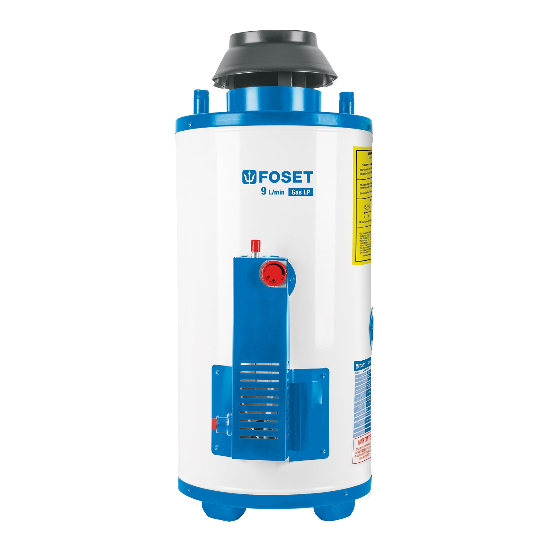Calentador de paso, rápida recup, 9L, 2 serv, gas LP, FOSET. Modelo: CALE-9PA