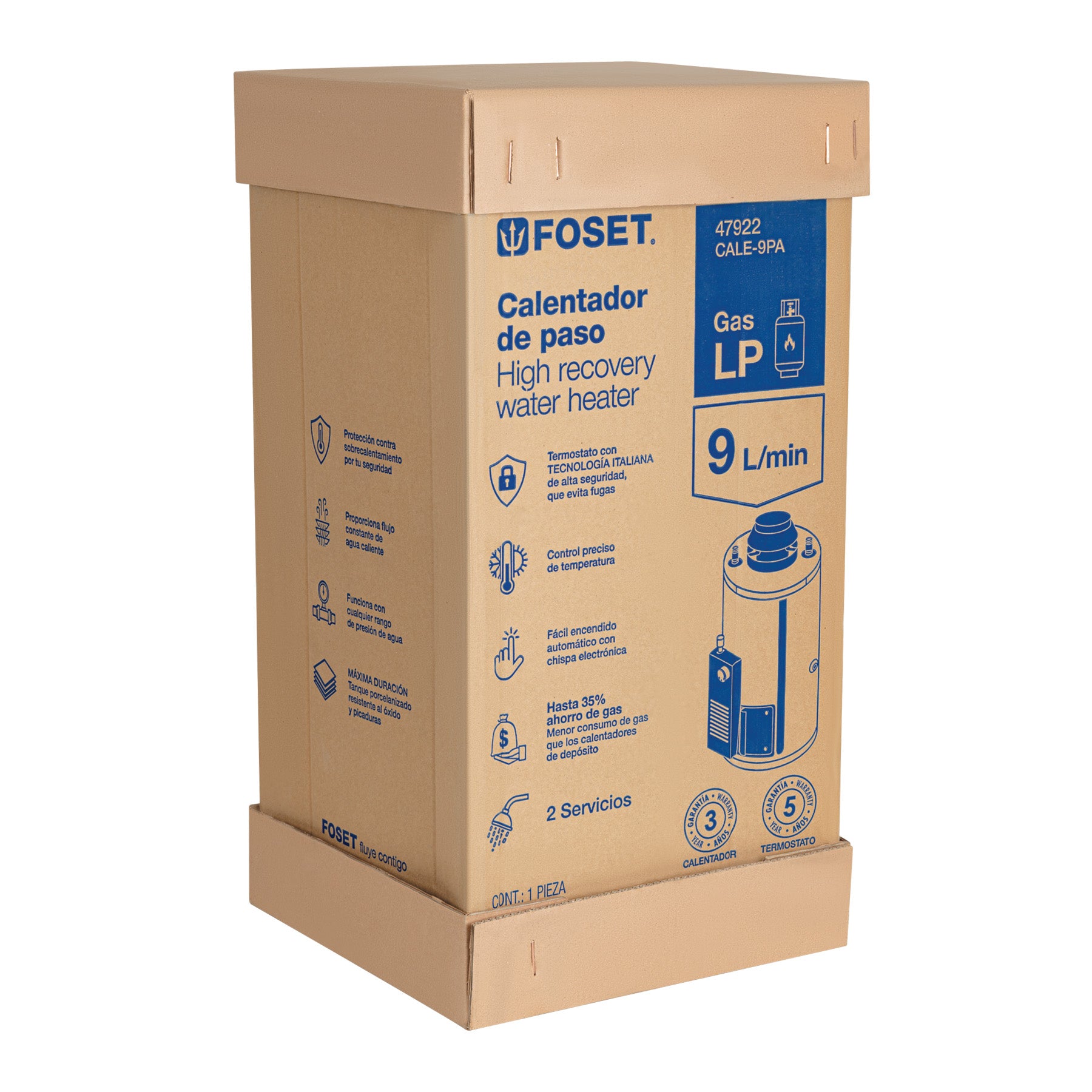 Calentador de paso, rápida recup, 9L, 2 serv, gas LP, FOSET. Modelo: CALE-9PA