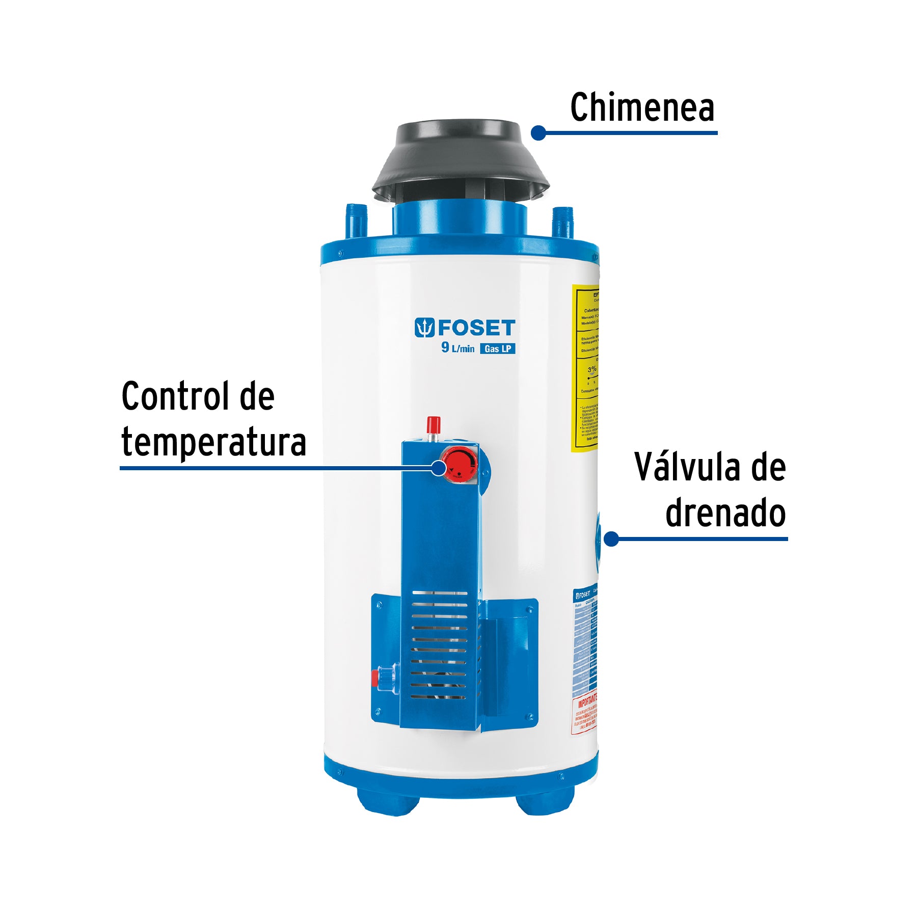 Calentador de paso, rápida recup, 9L, 2 serv, gas LP, FOSET. Modelo: CALE-9PA