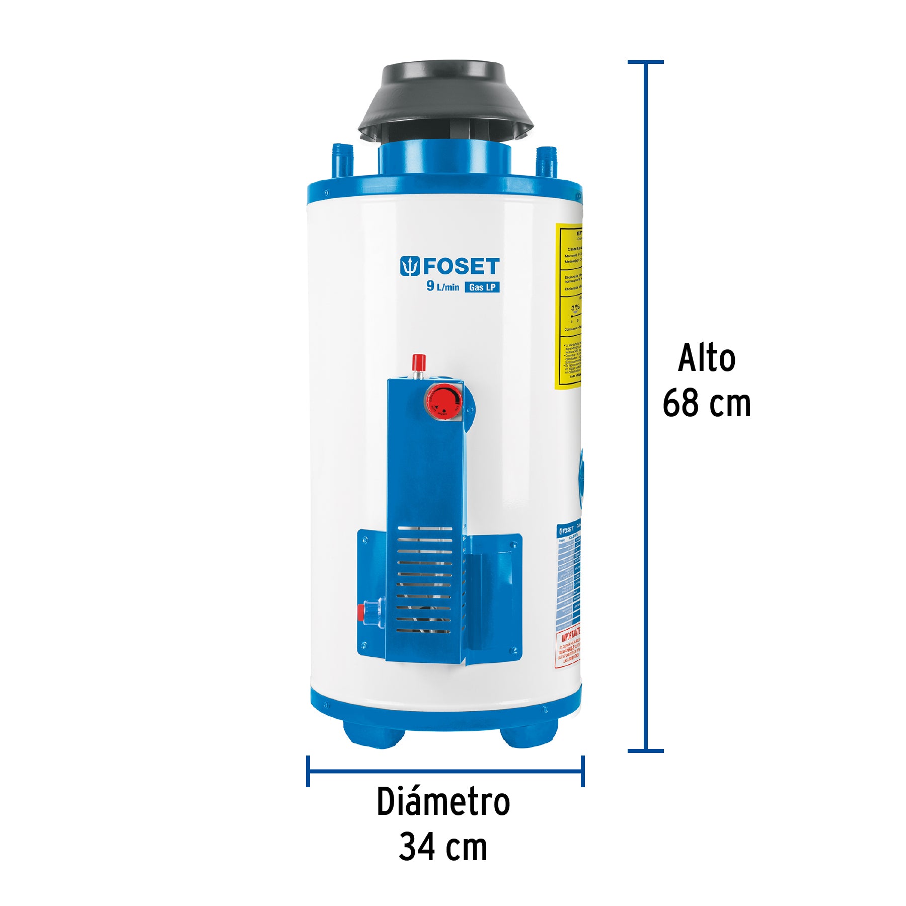 Calentador de paso, rápida recup, 9L, 2 serv, gas LP, FOSET. Modelo: CALE-9PA