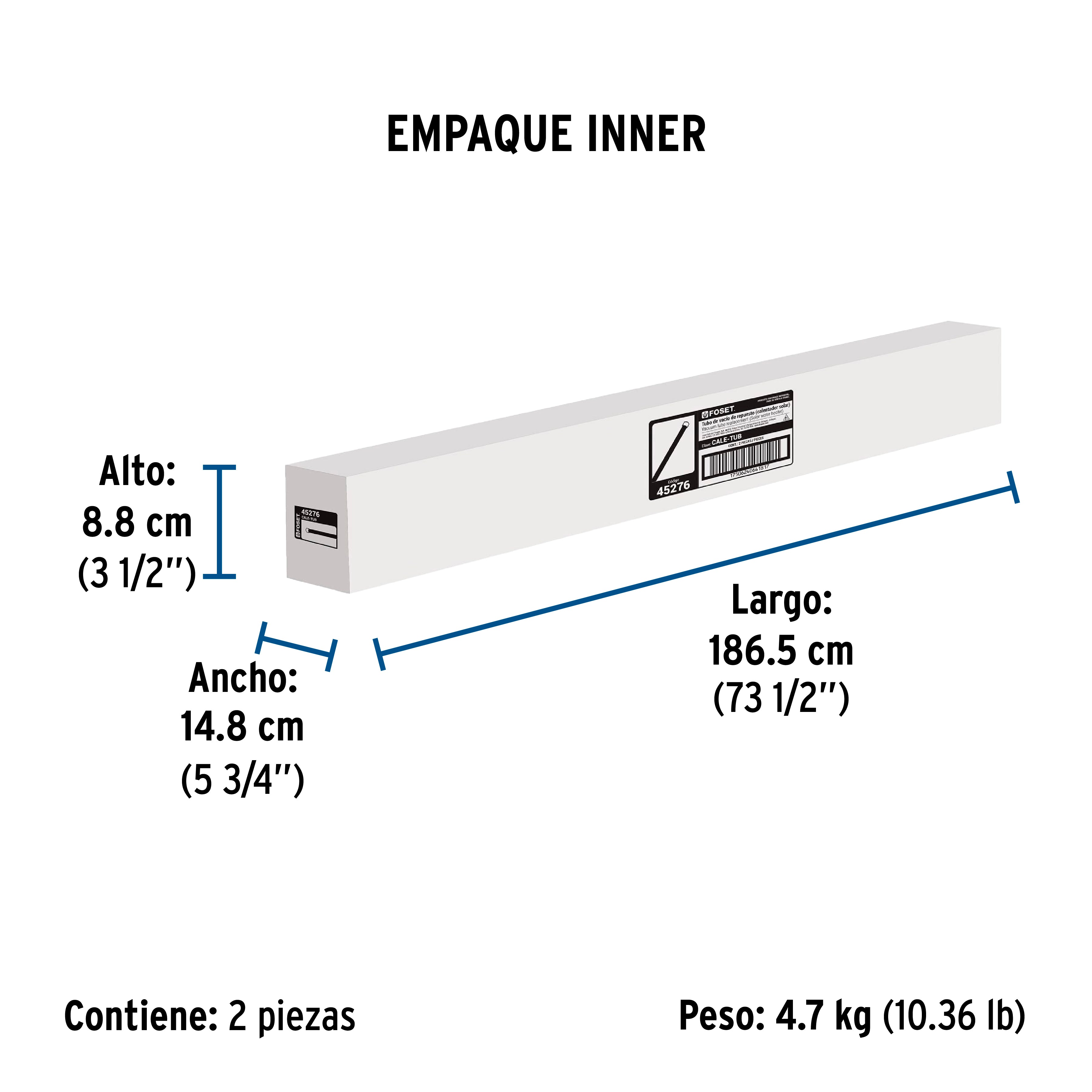 Tubo de repuesto para calentador solar, FOSET. Modelo: CALE-TUB