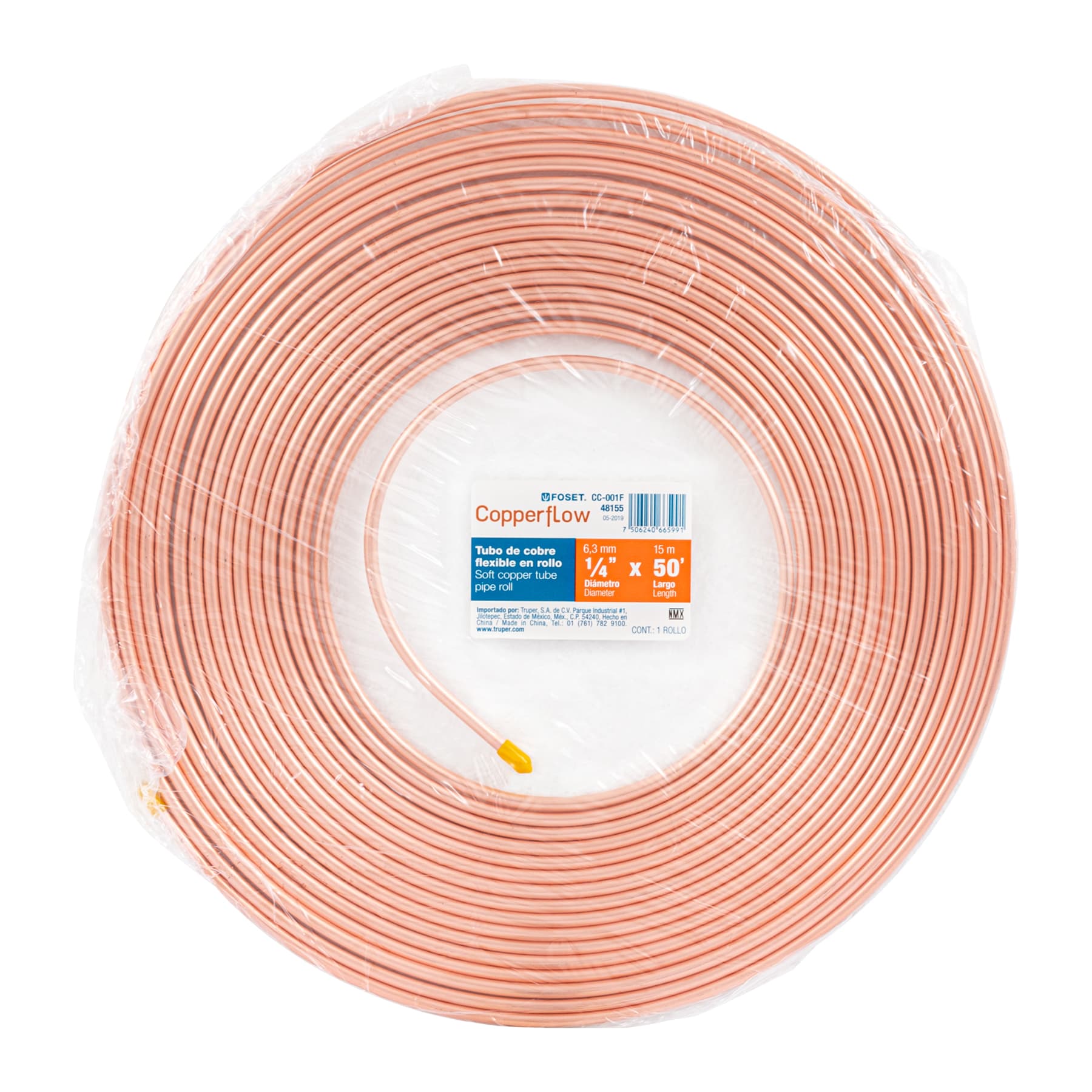 Tubo flexible de cobre 1/4', rollo de 15m, 1.7kg, FOSET. Modelo: CC-001F