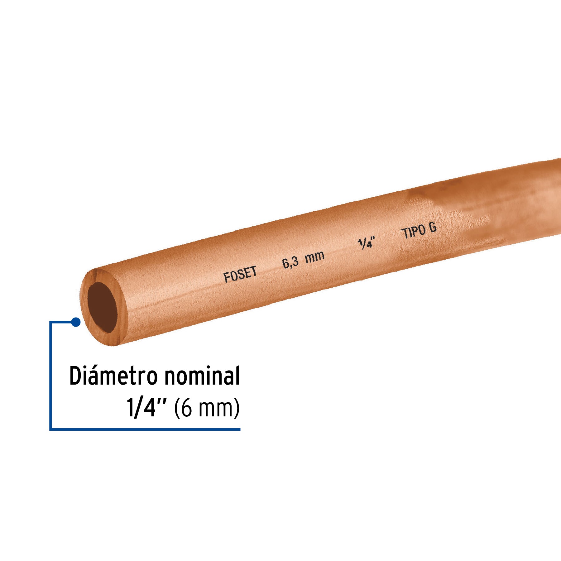Tubo flexible de cobre 1/4', rollo de 15m, 1.7kg, FOSET. Modelo: CC-001F