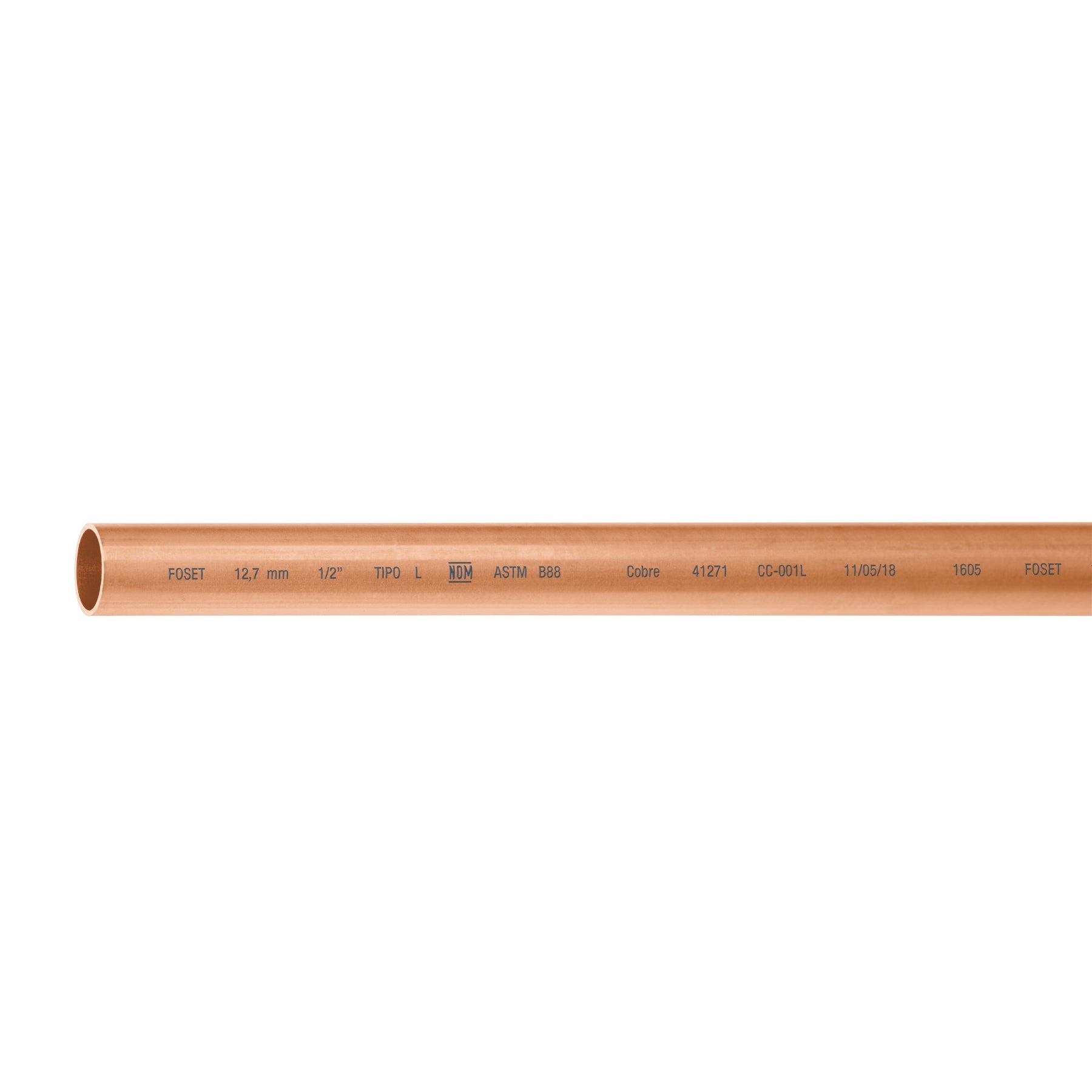 Tubo rígido de cobre 1/2' tipo 'L', 3m, 1.2kg, FOSET. Modelo: CC-001L