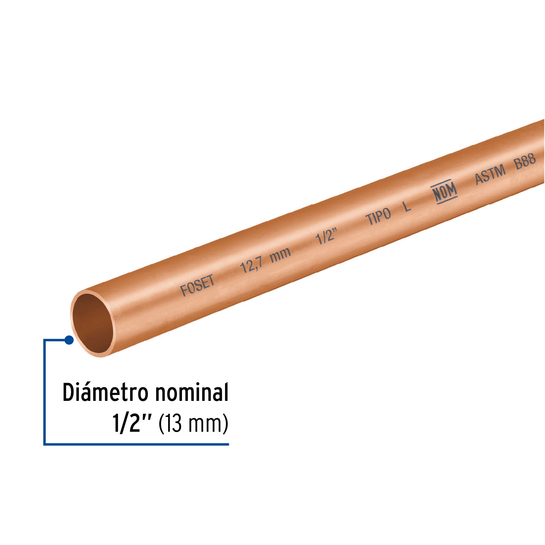 Tubo rígido de cobre 1/2' tipo 'L', 3m, 1.2kg, FOSET. Modelo: CC-001L