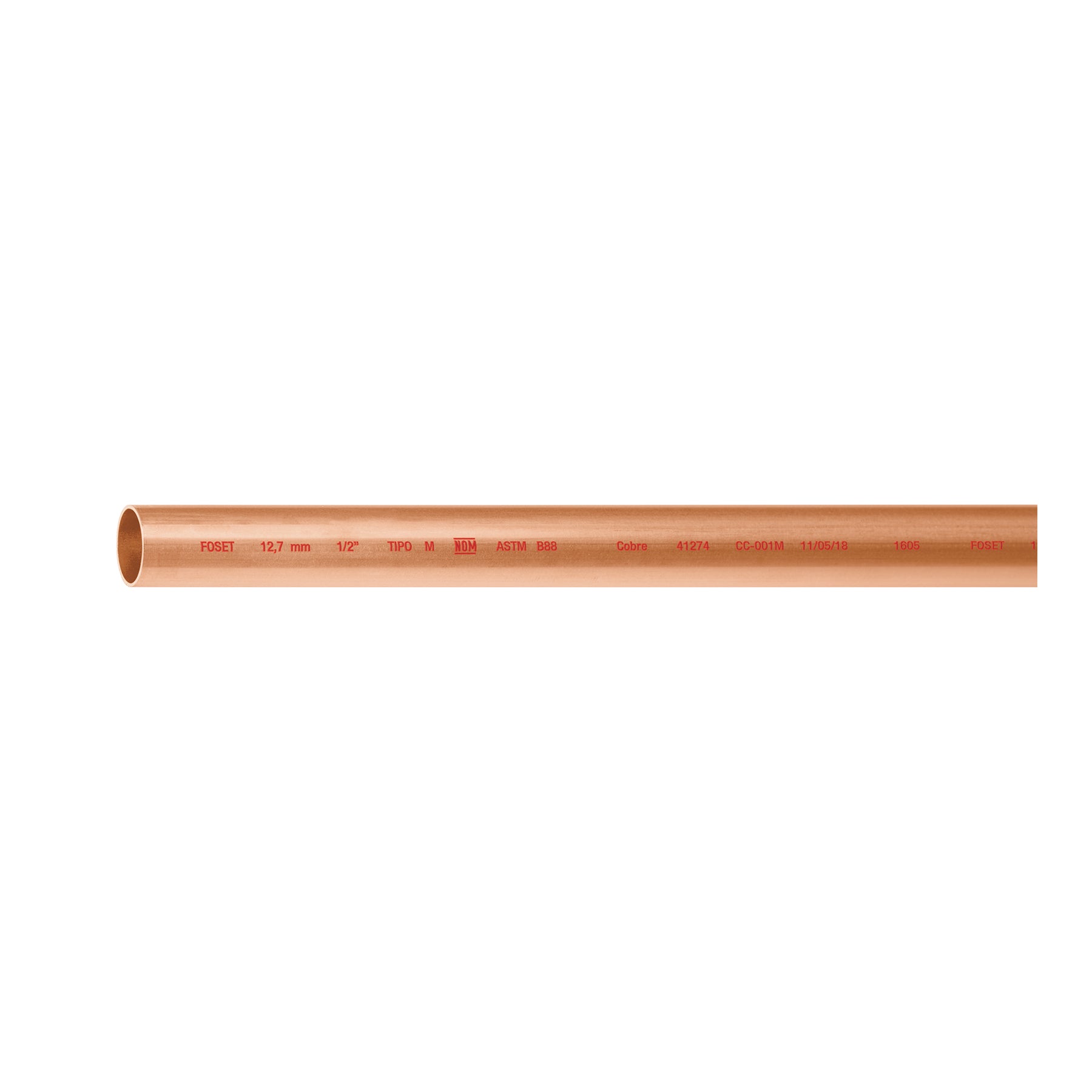 Tubo rígido de cobre 1/2' tipo 'M', 3m, 0.9kg, FOSET. Modelo: CC-001M
