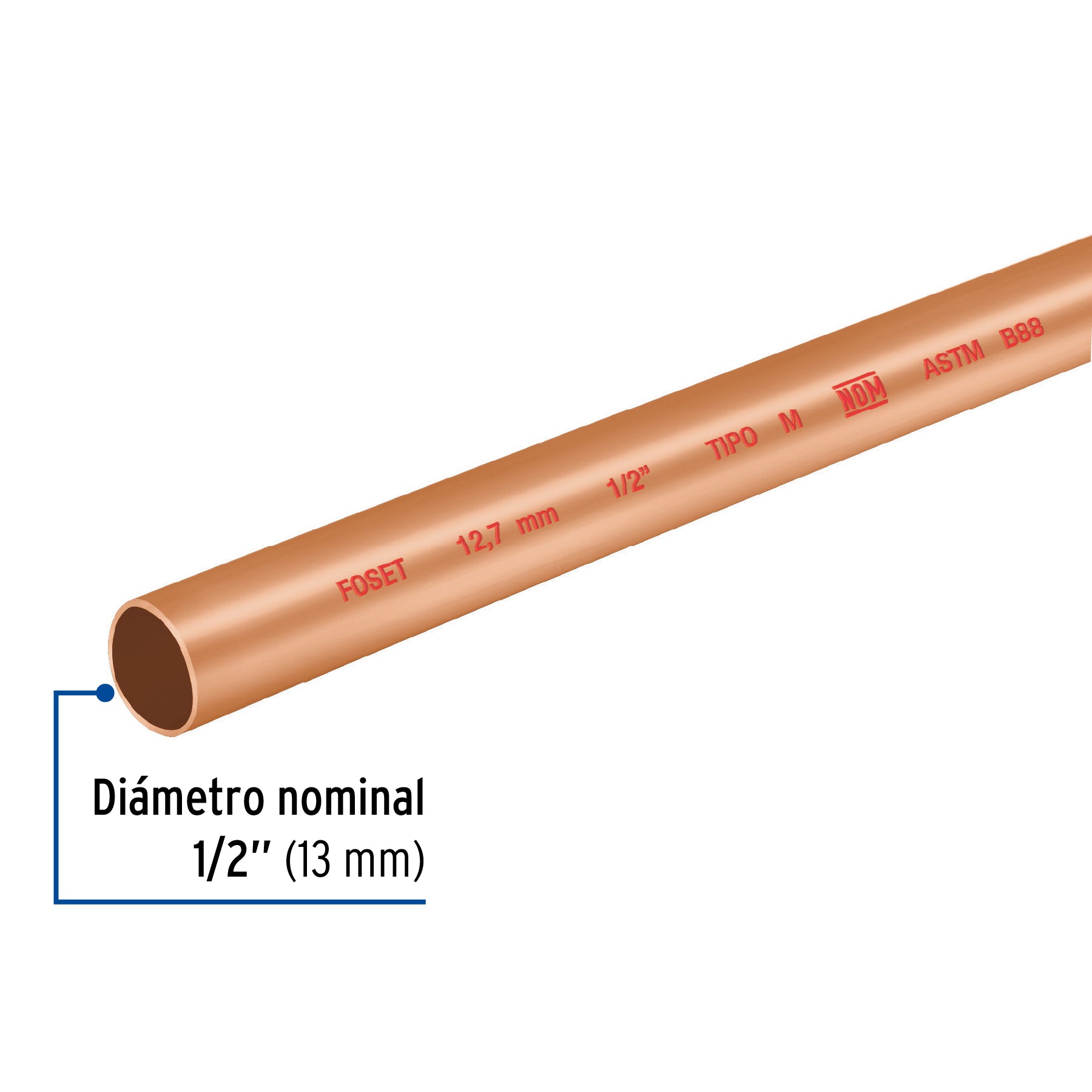 Tubo rígido de cobre 1/2' tipo 'M', 3m, 0.9kg, FOSET. Modelo: CC-001M