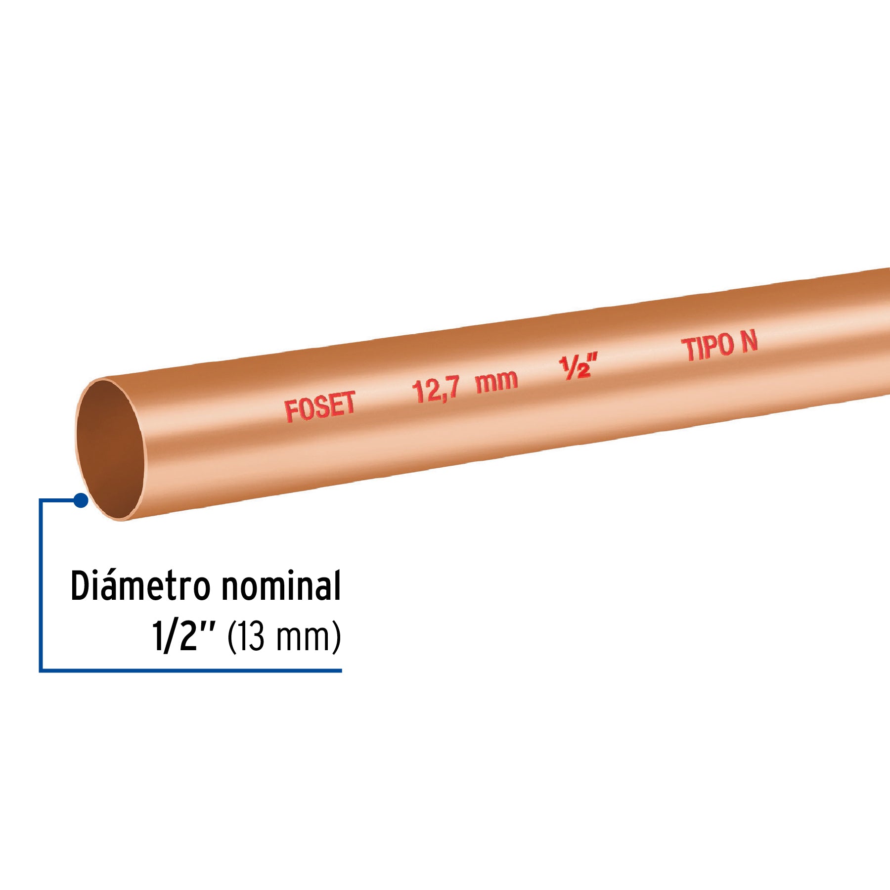 Tubo rígido de cobre 1/2' tipo 'N', 3m, 0.5kg, FOSET. Modelo: CC-001N