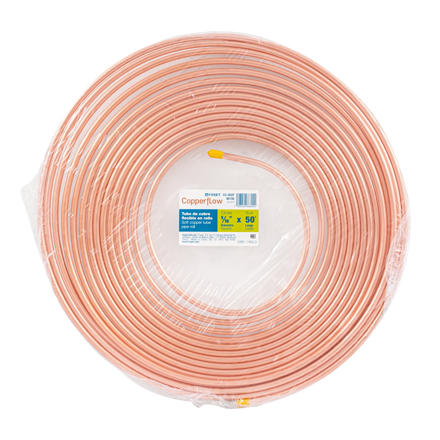 Tubo flexible de cobre 5/16', rollo de 15m, 2.3kg, FOSET. Modelo: CC-002F