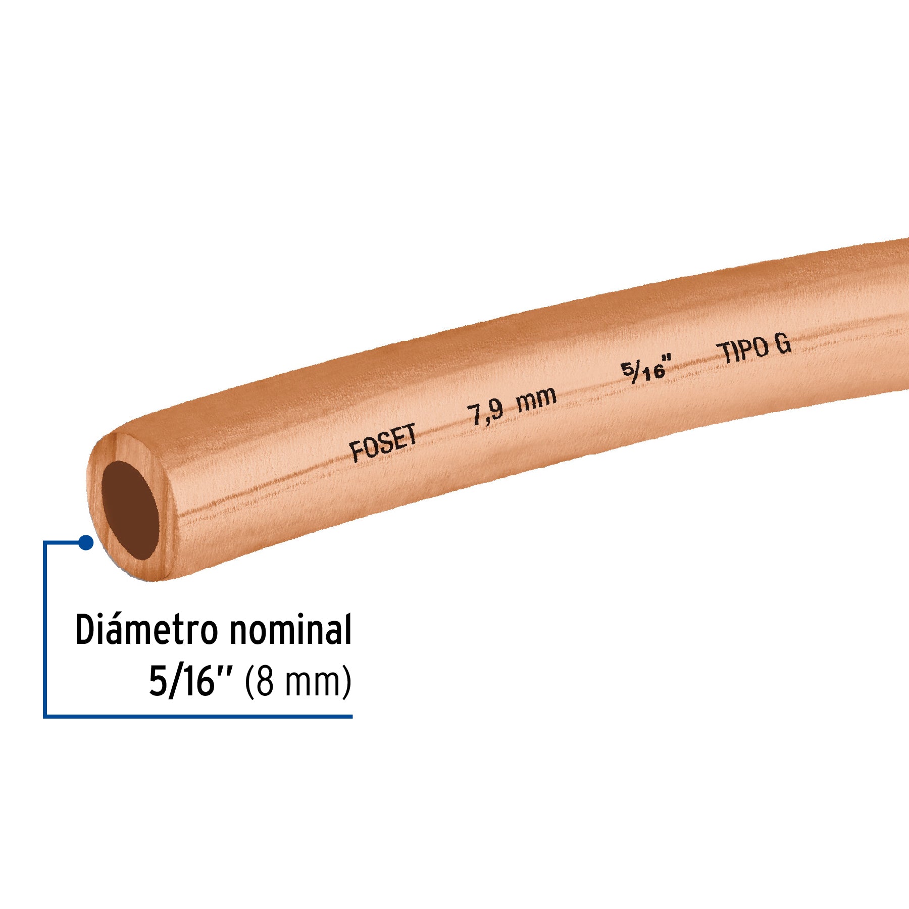 Tubo flexible de cobre 5/16', rollo de 15m, 2.3kg, FOSET. Modelo: CC-002F