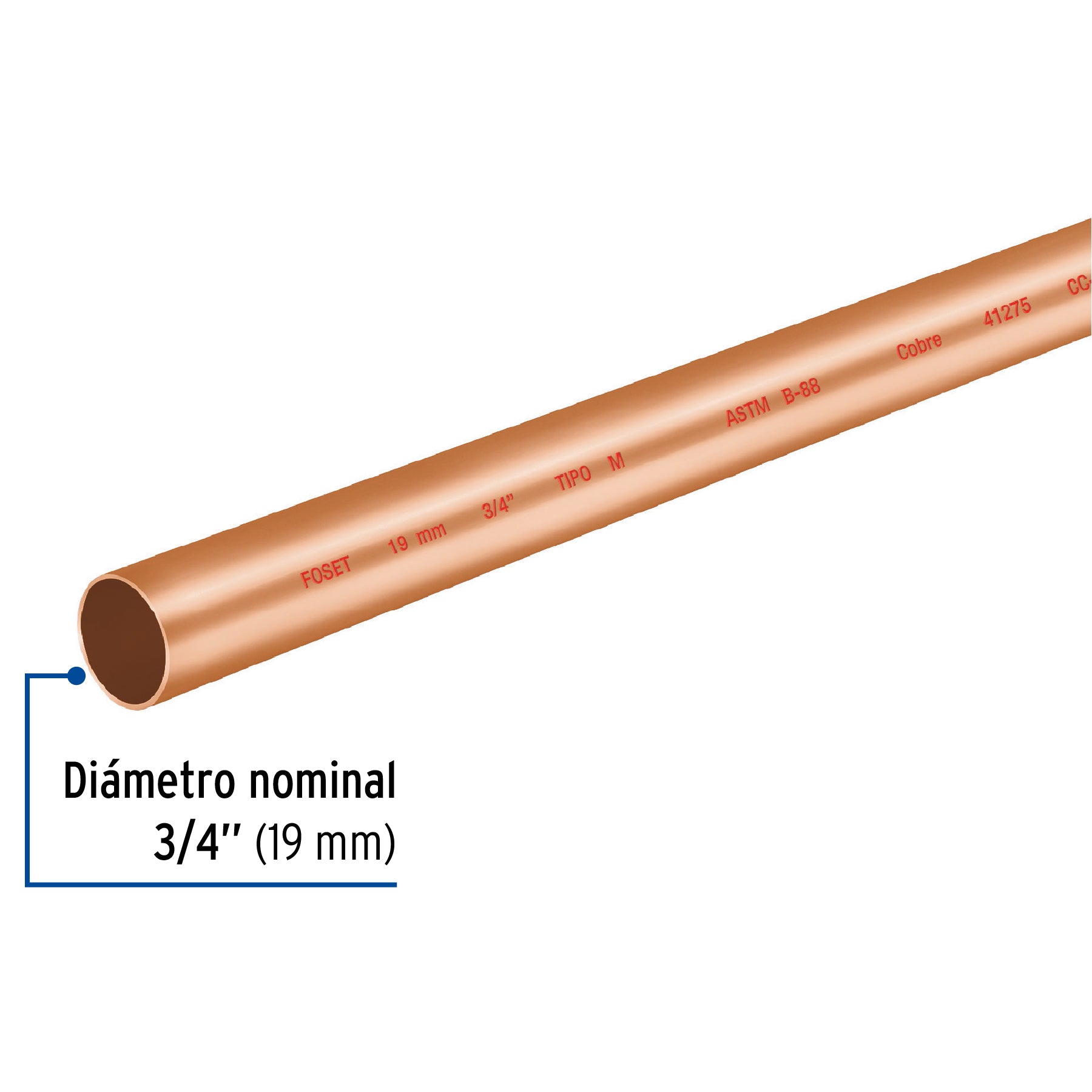 Tubo rígido de cobre 3/4' tipo 'M', 3m, 1.4kg, FOSET. Modelo: CC-002M