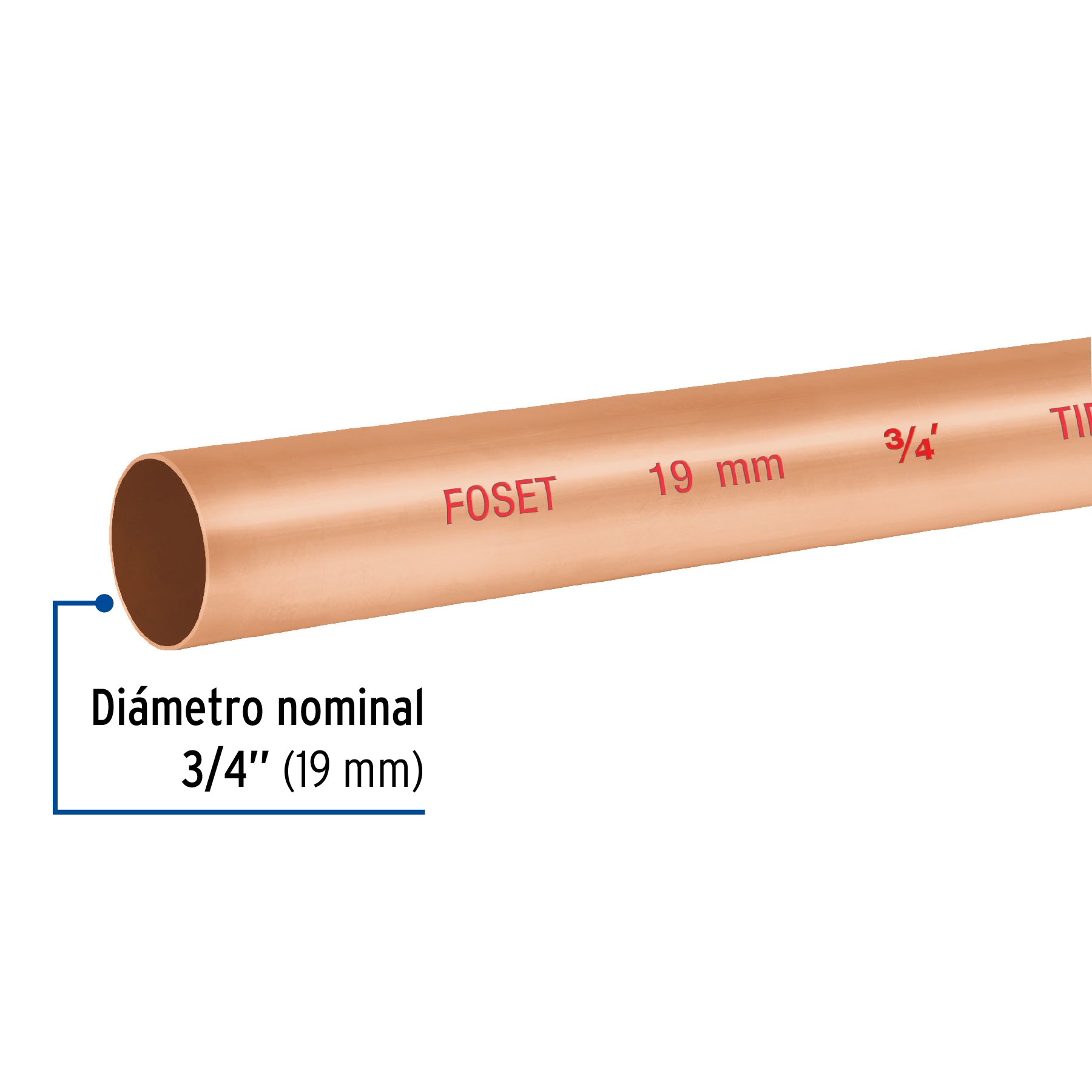 Tubo rígido de cobre 3/4' tipo 'N', 3m, 0.9kg, FOSET. Modelo: CC-002N