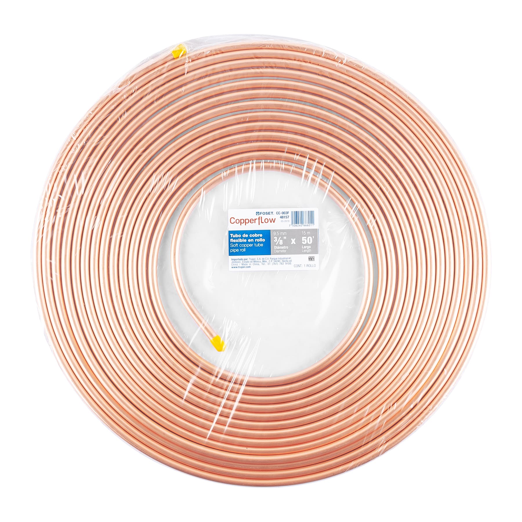 Tubo flexible de cobre 3/8', rollo de 15m, 2.6kg, FOSET. Modelo: CC-003F