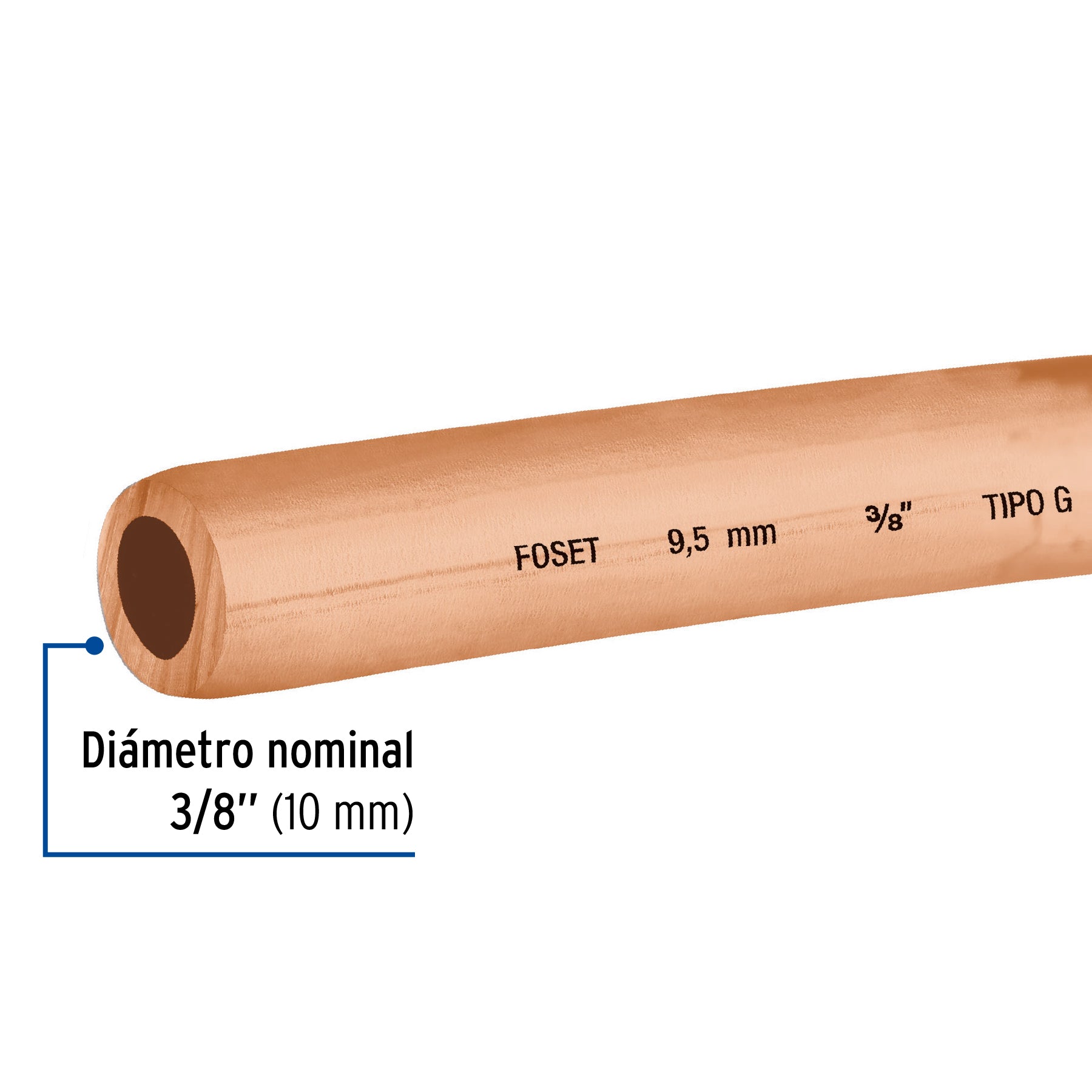 Tubo flexible de cobre 3/8', rollo de 15m, 2.6kg, FOSET. Modelo: CC-003F