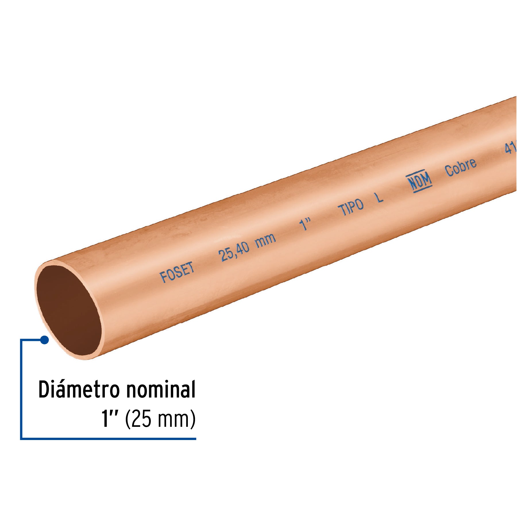 Tubo rígido de cobre 1' tipo 'L', 3m, 2.9kg, FOSET. Modelo: CC-003L
