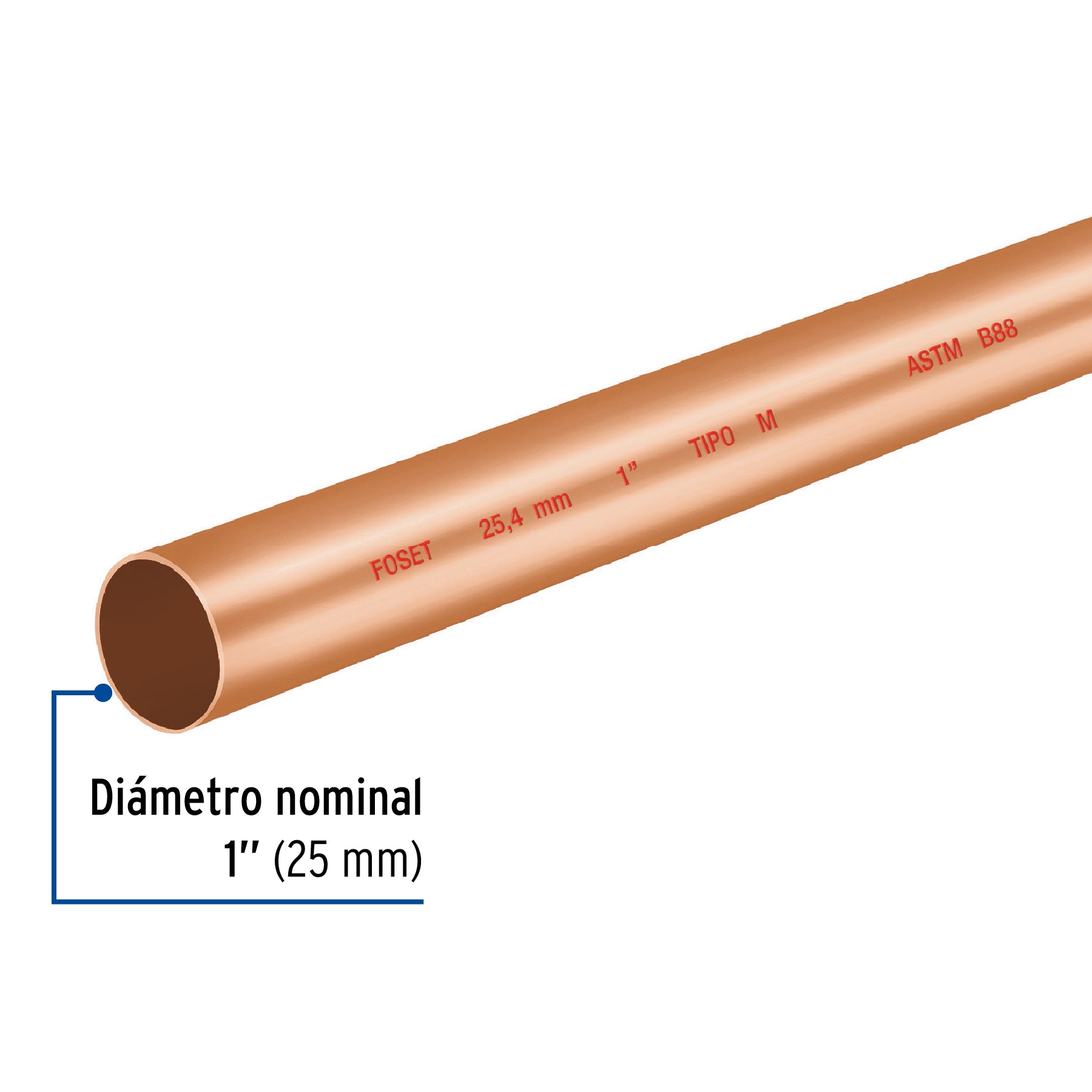Tubo rígido de cobre 1' tipo 'M', 3m, 2.0kg, FOSET. Modelo: CC-003M