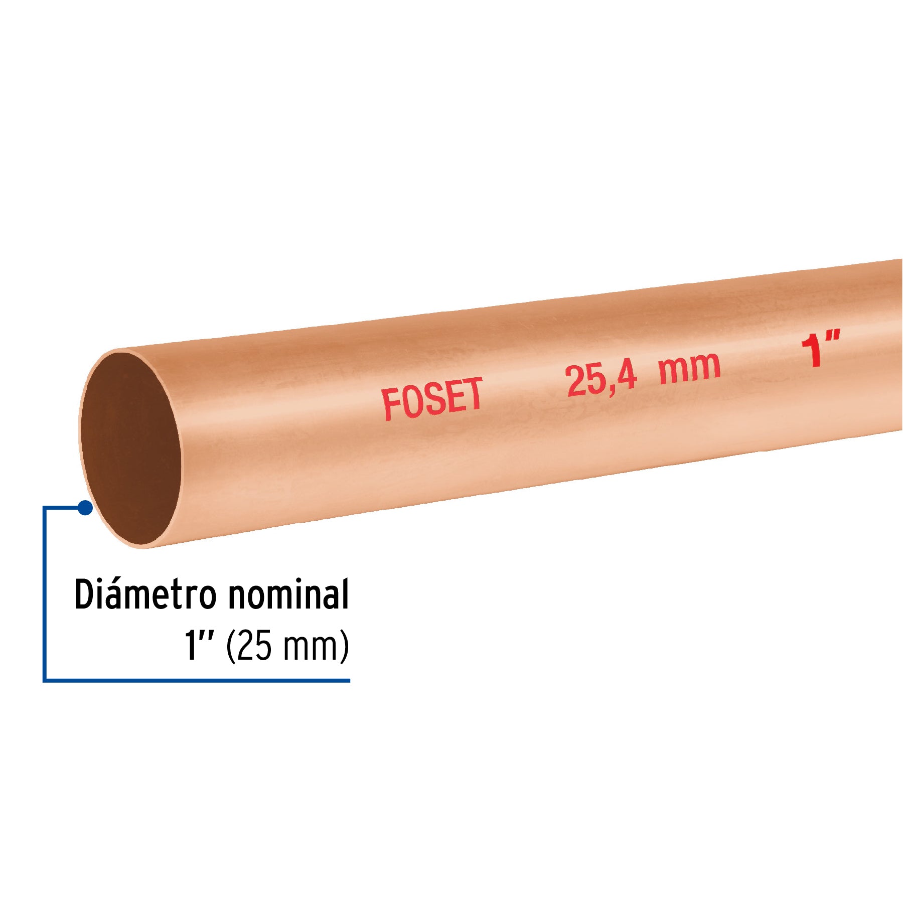 Tubo rígido de cobre 1' tipo 'N', 3m, 1.4kg, FOSET. Modelo: CC-003N