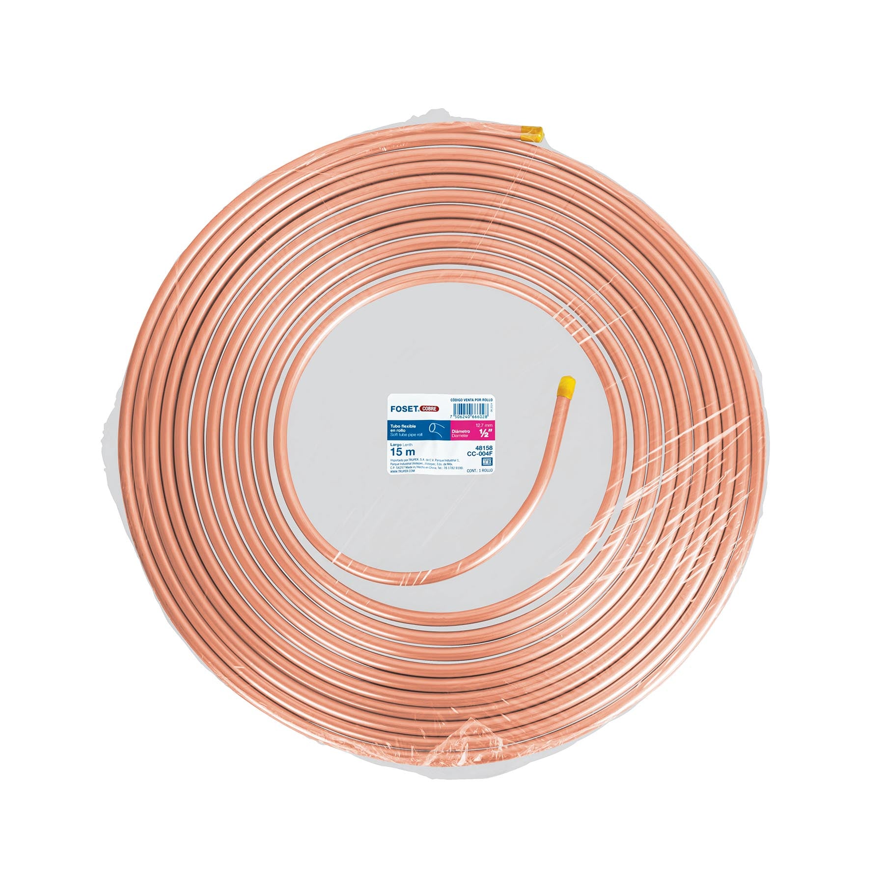 Tubo flexible de cobre 1/2', rollo de 15m, 3.7kg, FOSET. Modelo: CC-004F