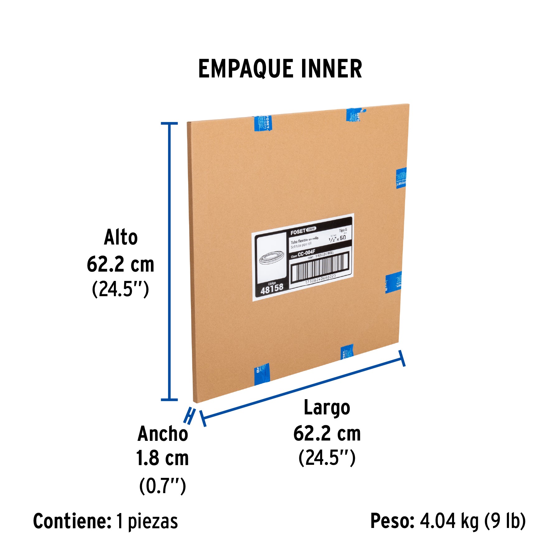 Tubo flexible de cobre 1/2', rollo de 15m, 3.7kg, FOSET. Modelo: CC-004F
