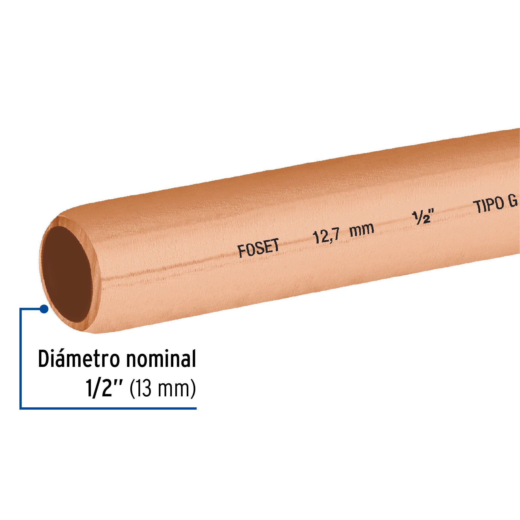 Tubo flexible de cobre 1/2', rollo de 15m, 3.7kg, FOSET. Modelo: CC-004F
