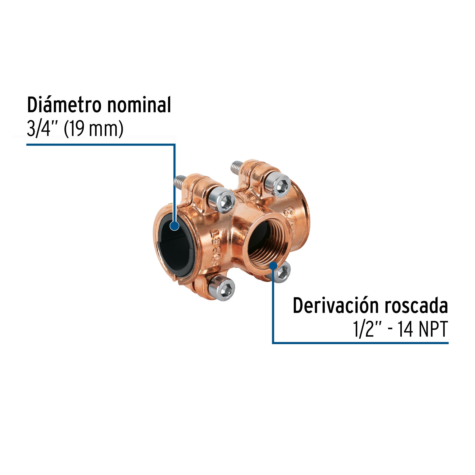 Abrazadera con derivación 3/4x1/2x3/4', FOSET. Modelo: CC-3412D