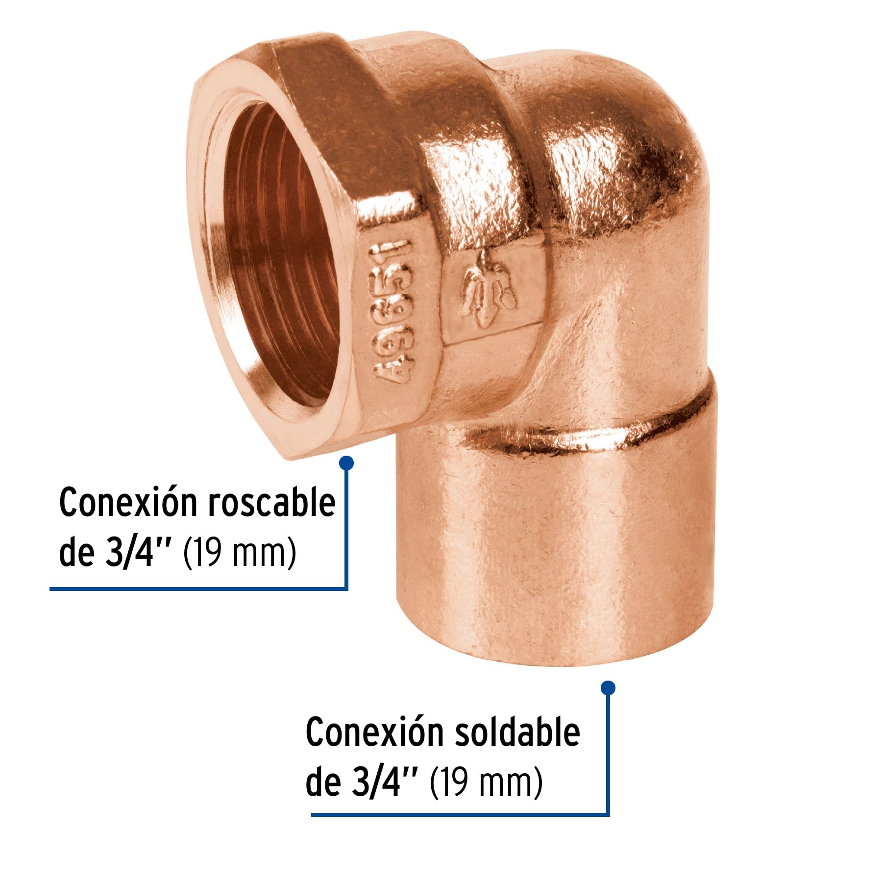 Codo 90° de cobre, rosca interior 3/4', FOSET. Modelo: CC-502