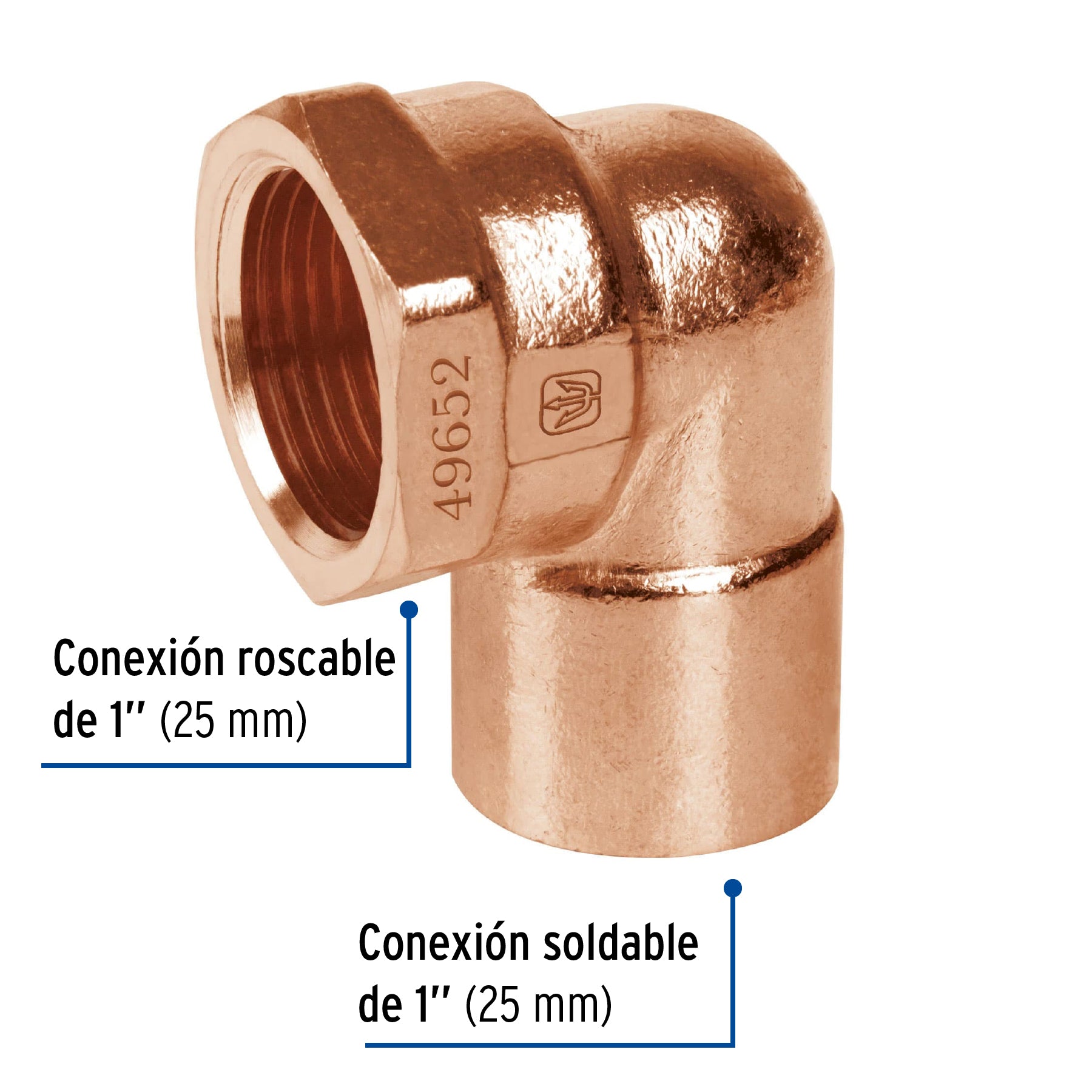 Codo 90° de cobre, rosca interior 1', FOSET. Modelo: CC-503