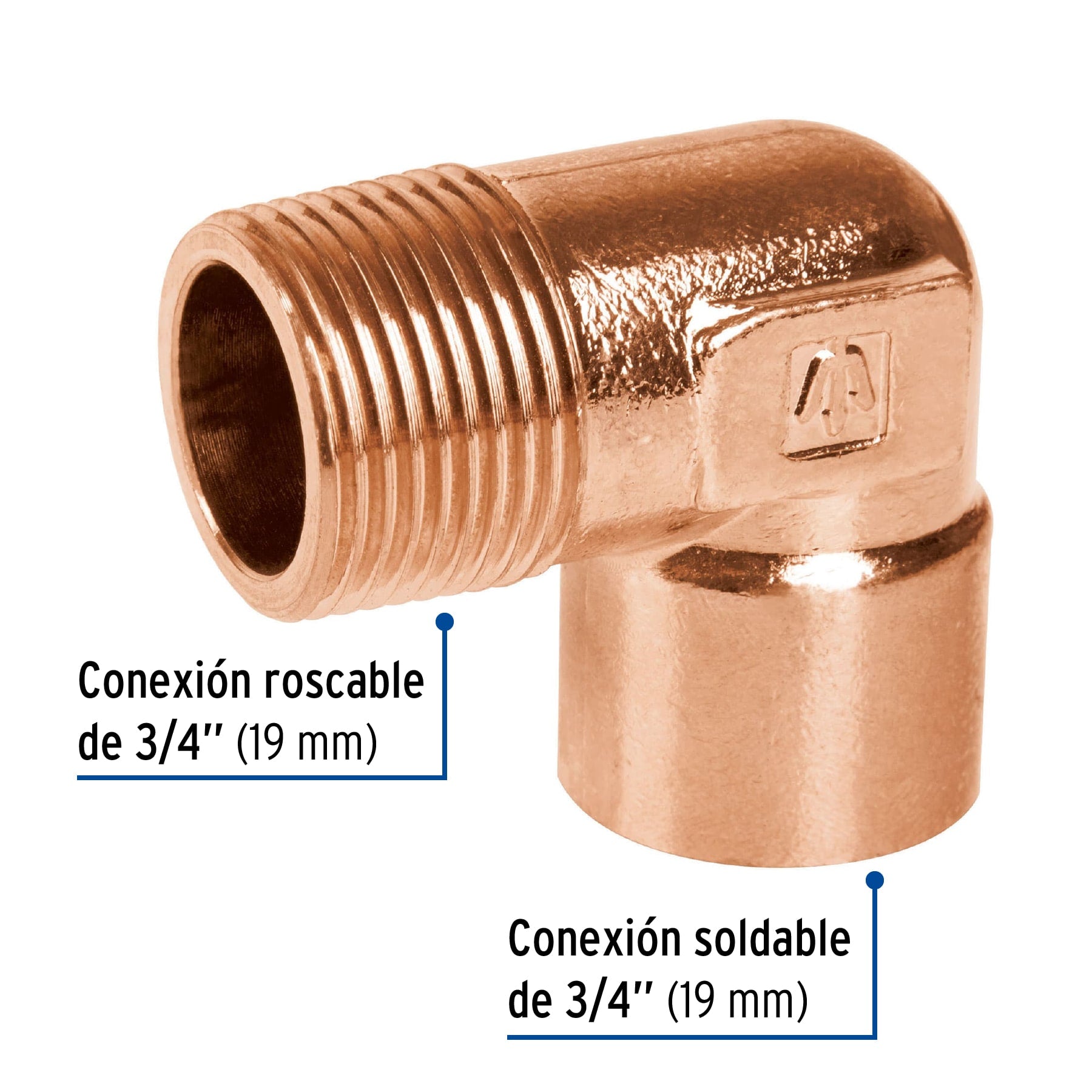 Codo 90° de cobre, rosca exterior 3/4', FOSET. Modelo: CC-512