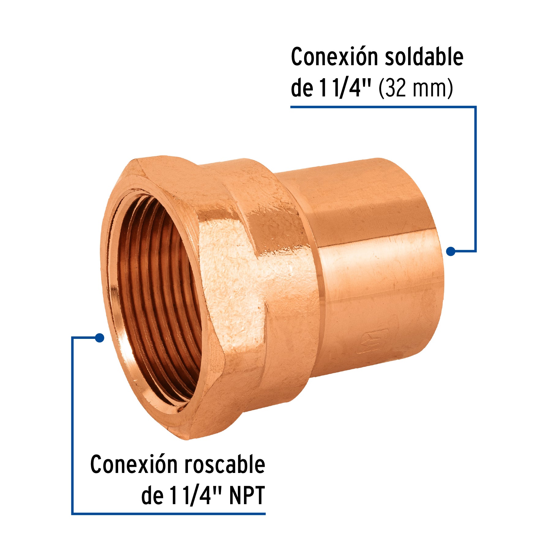 Conector de cobre, rosca interior 1-1/4', FOSET. Modelo: CC-604
