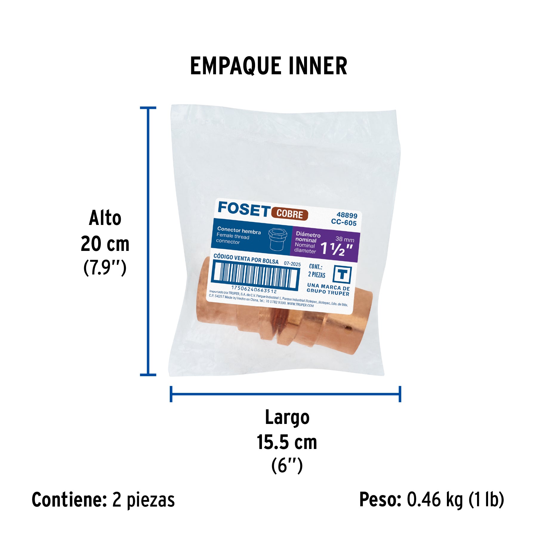 Conector de cobre, rosca interior 1-1/2', FOSET. Modelo: CC-605