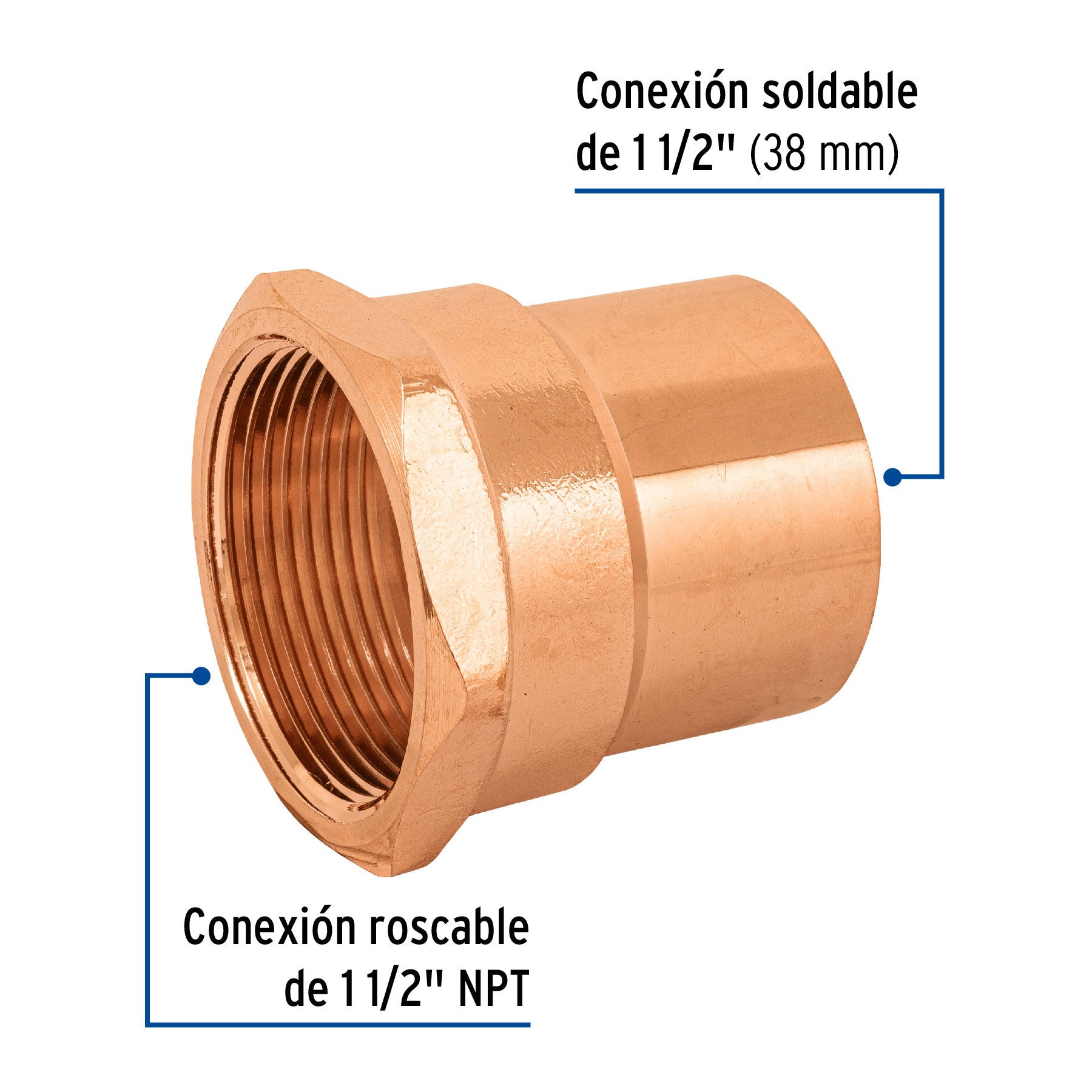 Conector de cobre, rosca interior 1-1/2', FOSET. Modelo: CC-605