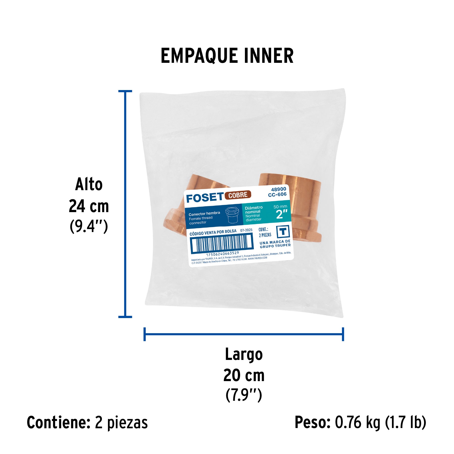 Conector de cobre, rosca interior 2', FOSET. Modelo: CC-606