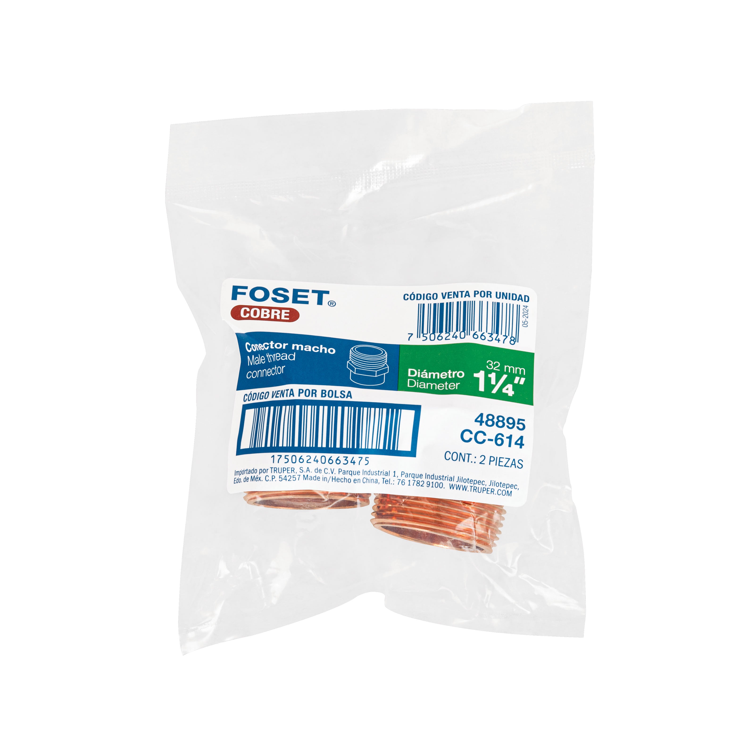 Conector de cobre, rosca exterior 1-1/4', FOSET. Modelo: CC-614