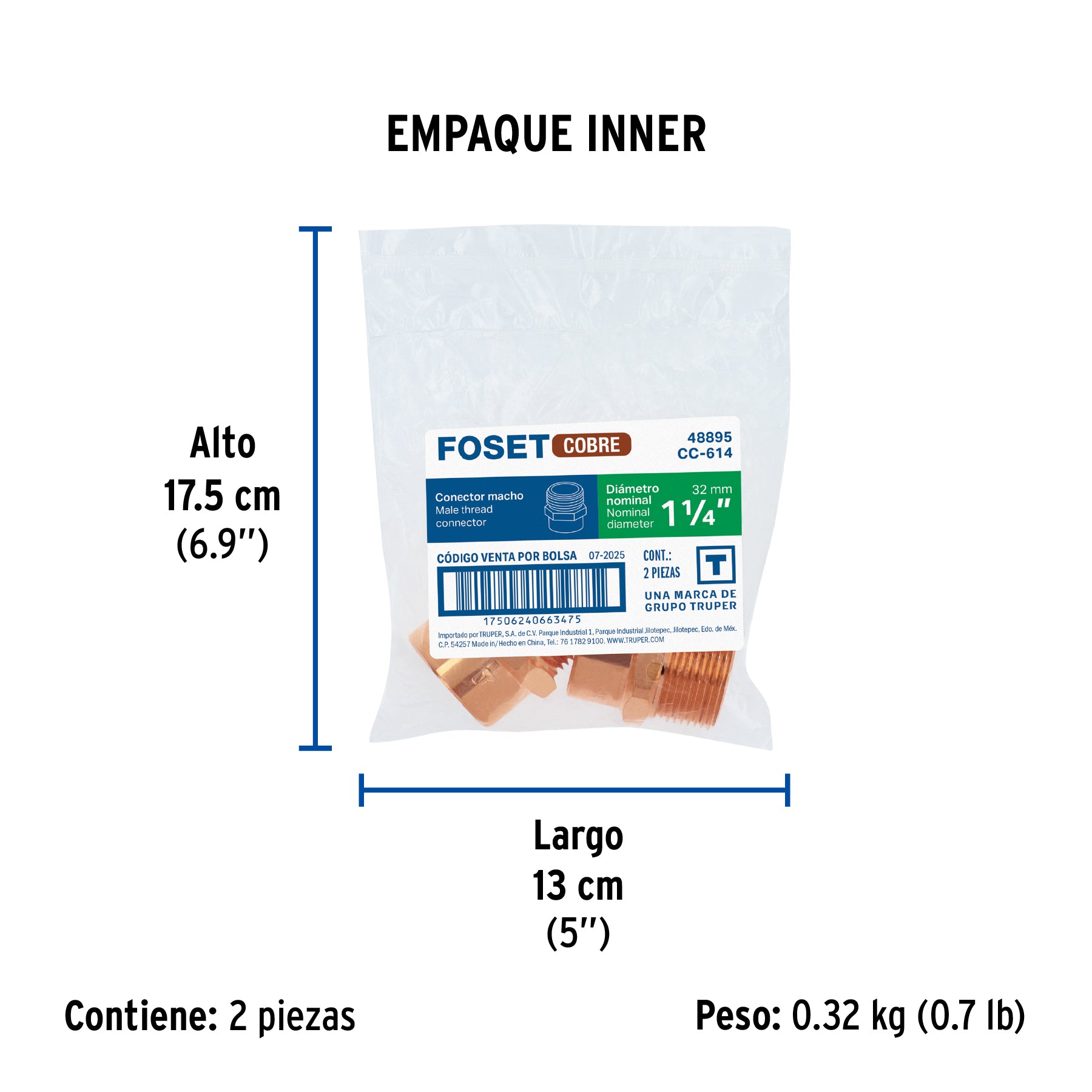 Conector de cobre, rosca exterior 1-1/4', FOSET. Modelo: CC-614