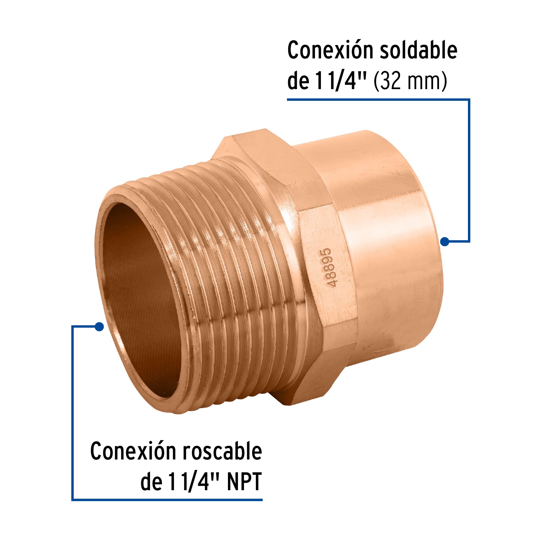 Conector de cobre, rosca exterior 1-1/4', FOSET. Modelo: CC-614
