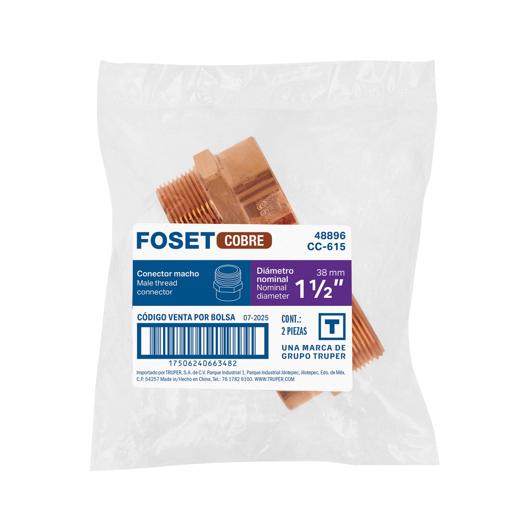 Conector de cobre, rosca exterior 1-1/2', FOSET. Modelo: CC-615