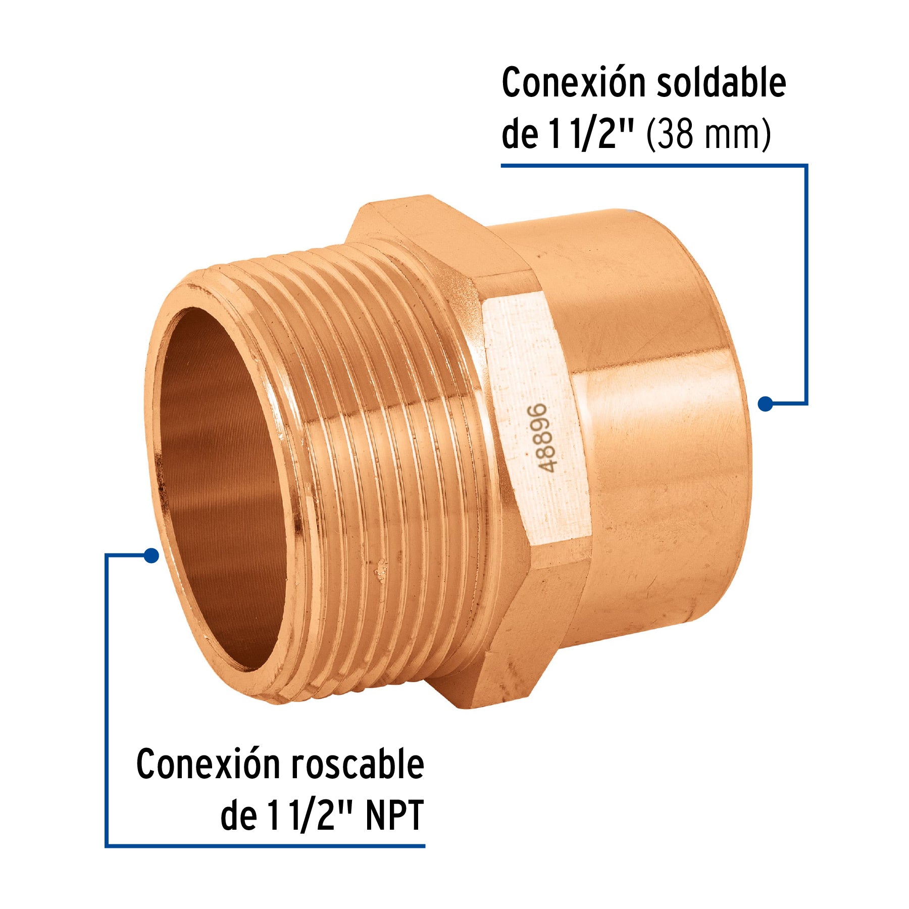 Conector de cobre, rosca exterior 1-1/2', FOSET. Modelo: CC-615