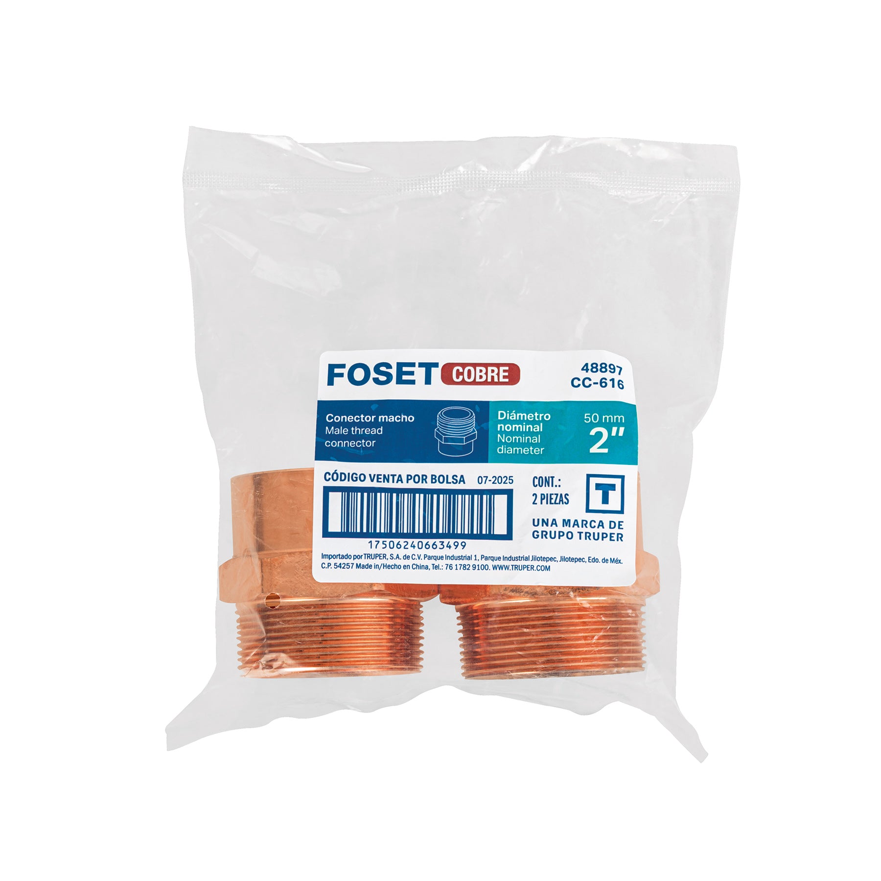 Conector de cobre, rosca exterior 2', FOSET. Modelo: CC-616