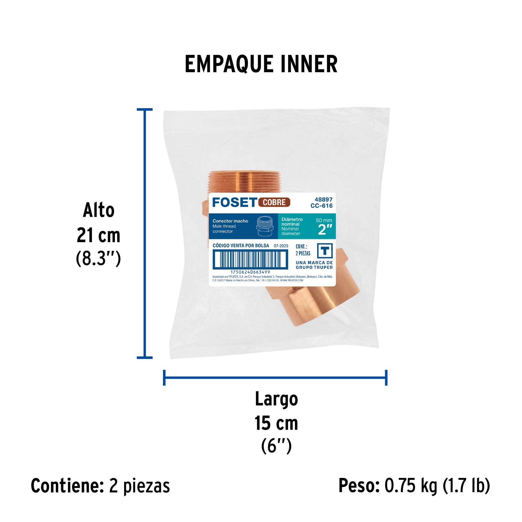 Conector de cobre, rosca exterior 2', FOSET. Modelo: CC-616