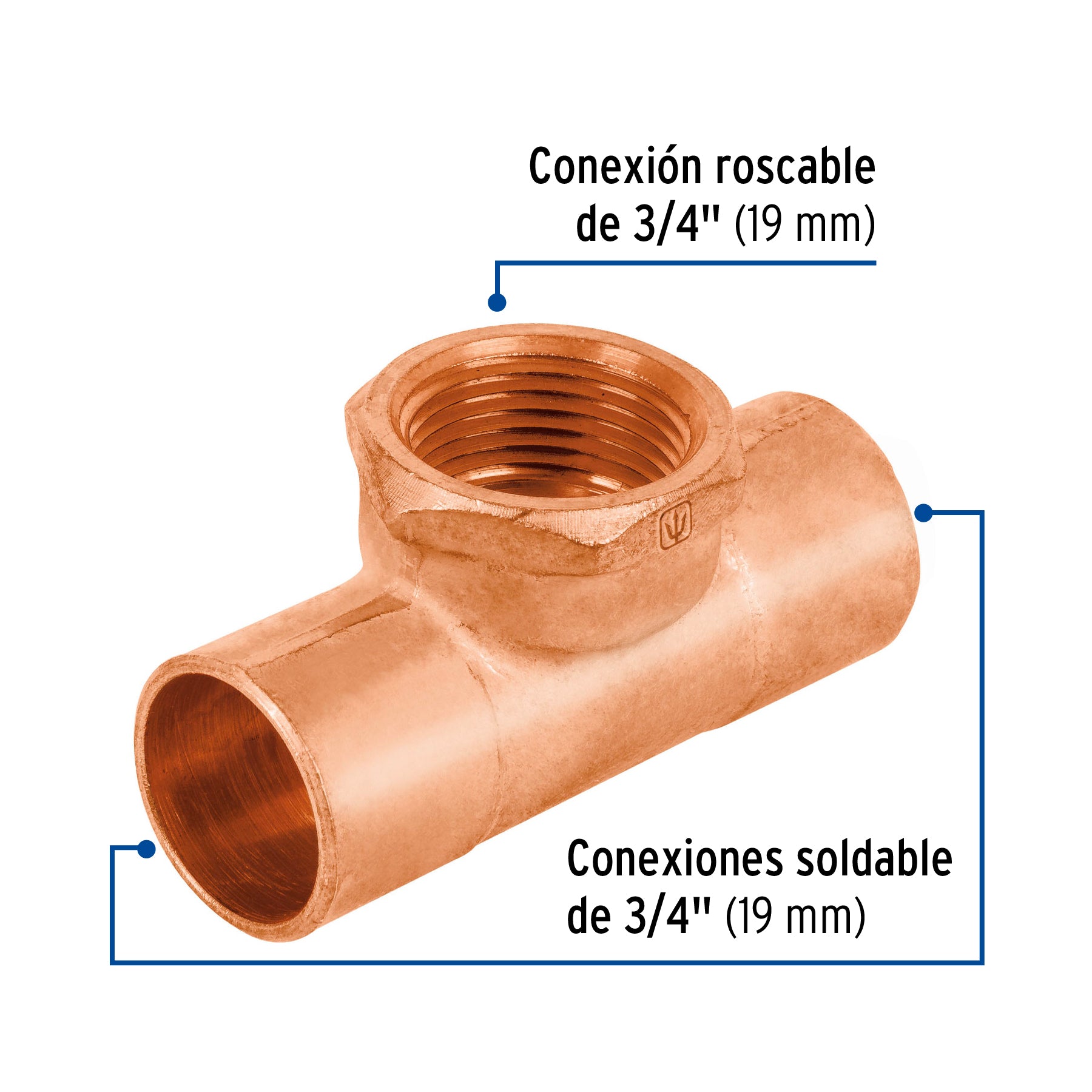Tee de cobre rosca interior central 3/4', FOSET. Modelo: CC-702