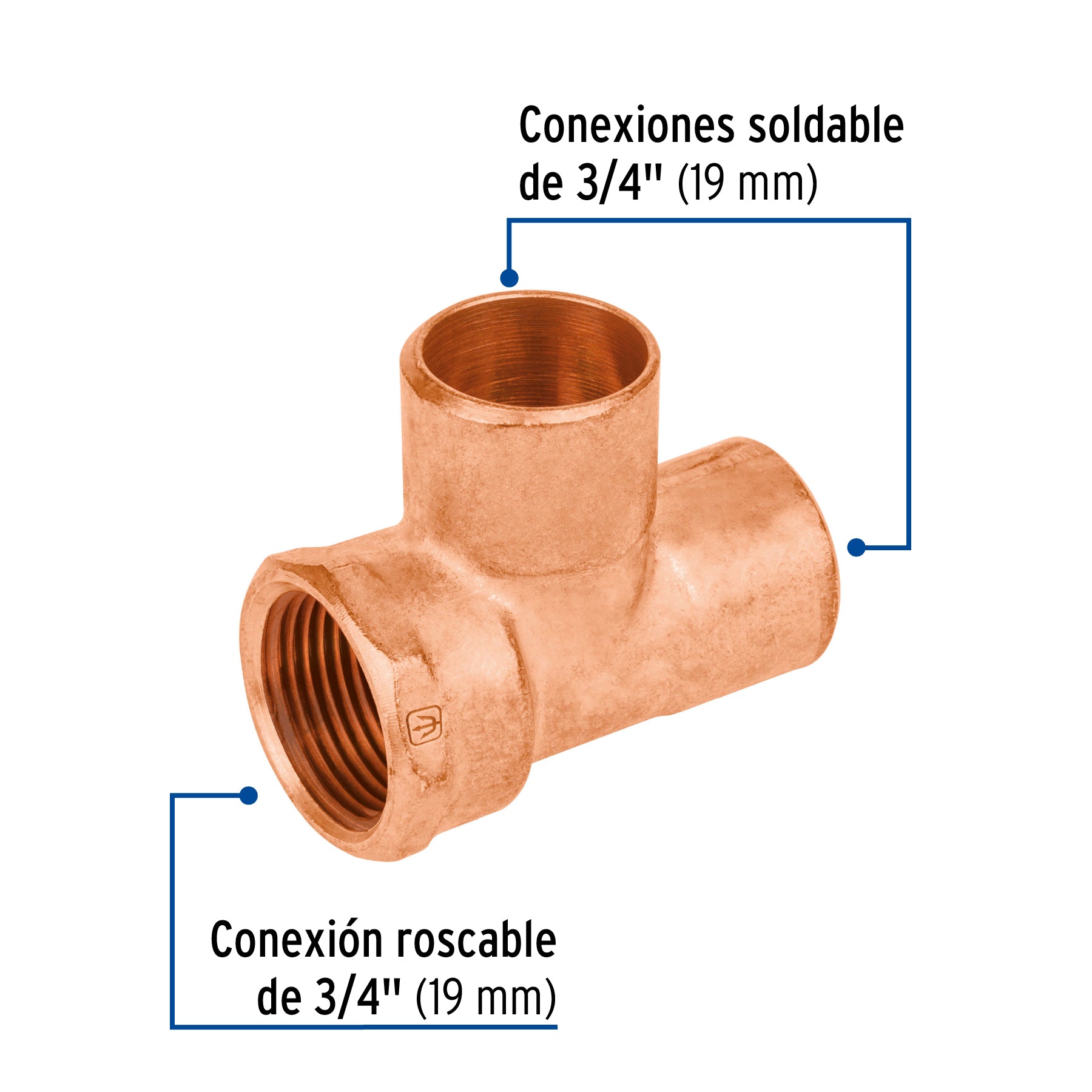Tee de cobre rosca interior lateral 3/4', FOSET. Modelo: CC-712