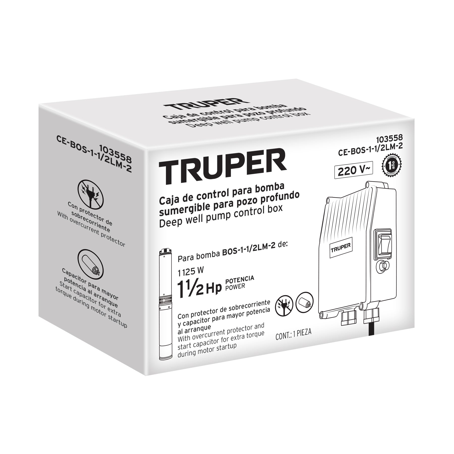 Caja de control para bomba tipo bala 1 1/2 HP, 220V, TRUPER. Modelo: CE-BOS-1-1/2LM-2