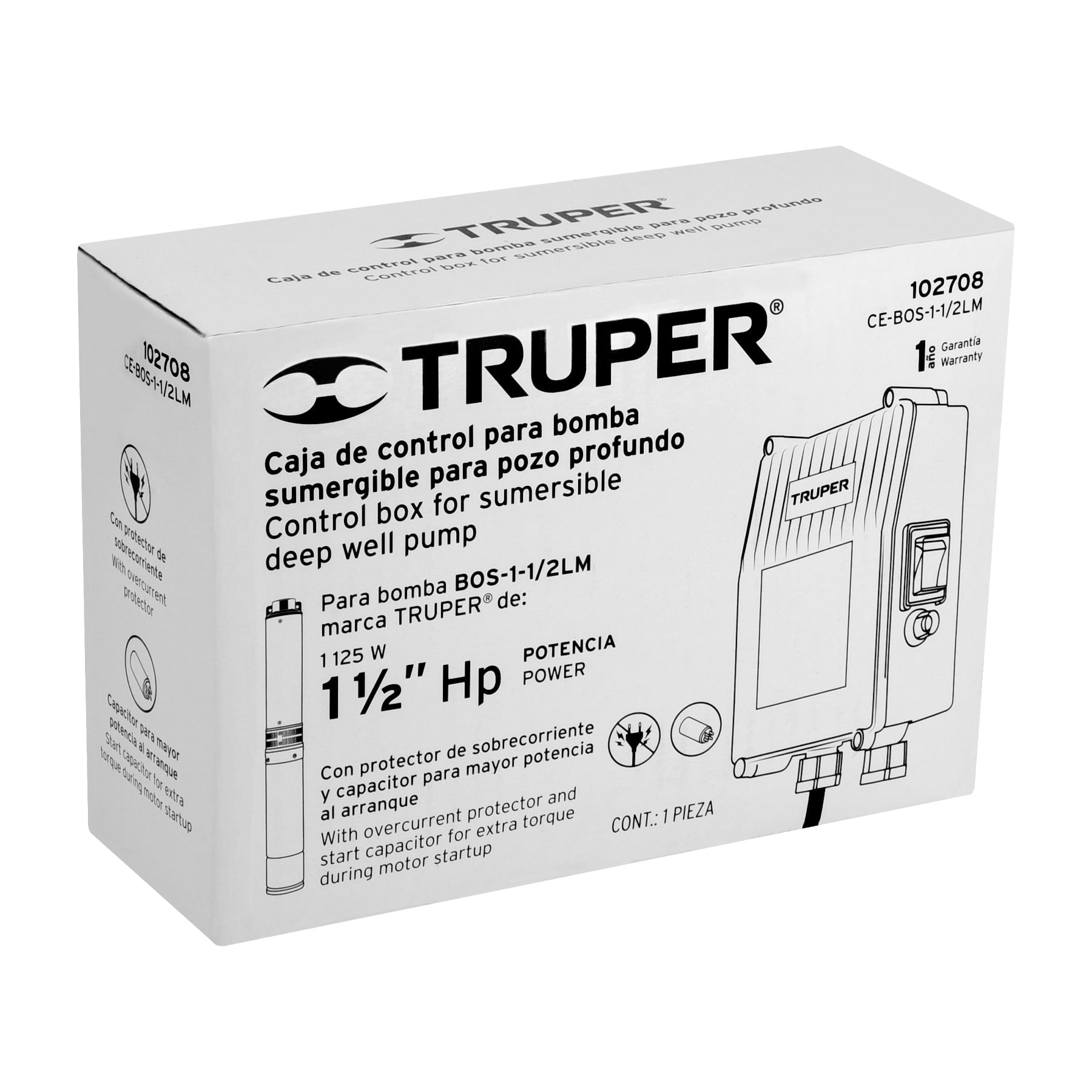 Caja de control para bomba tipo bala 1-1/2 HP, TRUPER. Modelo: CE-BOS-1-1/2LM