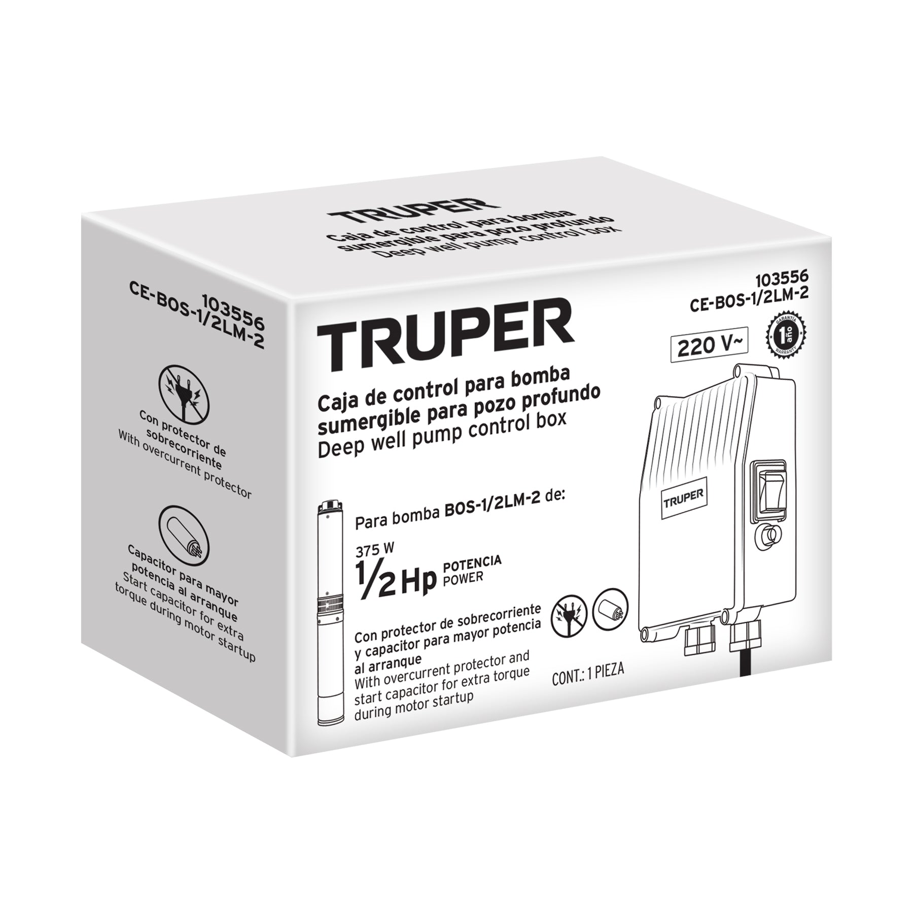 Caja de control para bomba tipo bala 1/2 HP, 220V, TRUPER. Modelo: CE-BOS-1/2LM-2