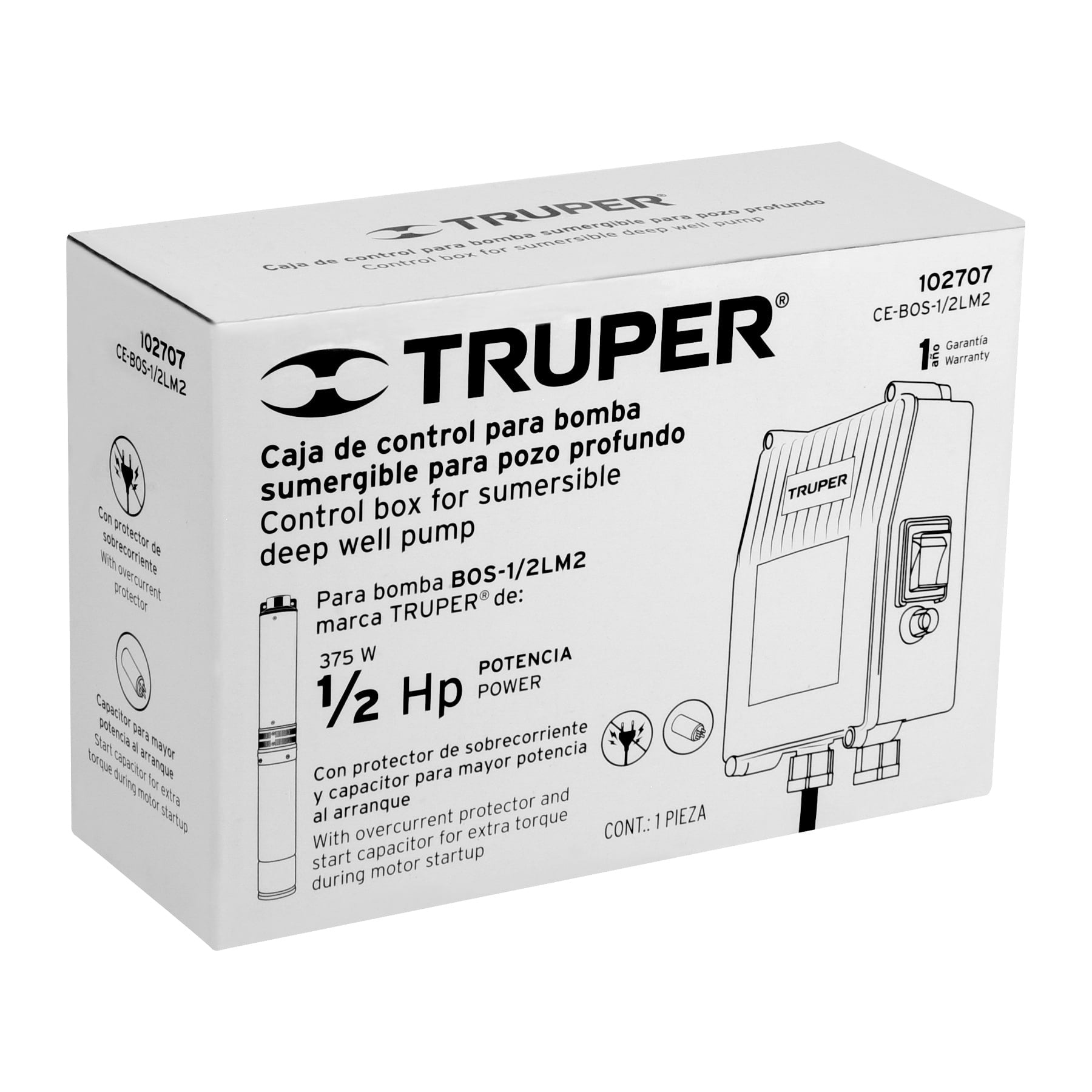 Caja de control para bomba tipo bala 1/2 HP, TRUPER. Modelo: CE-BOS-1/2LM2