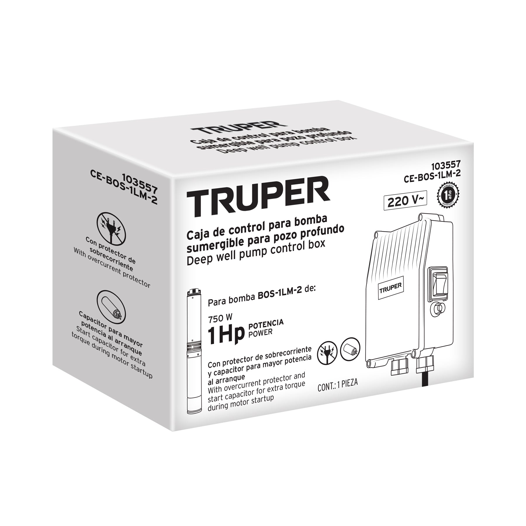 Caja de control para bomba tipo bala 1 HP, 220V, TRUPER. Modelo: CE-BOS-1LM-2
