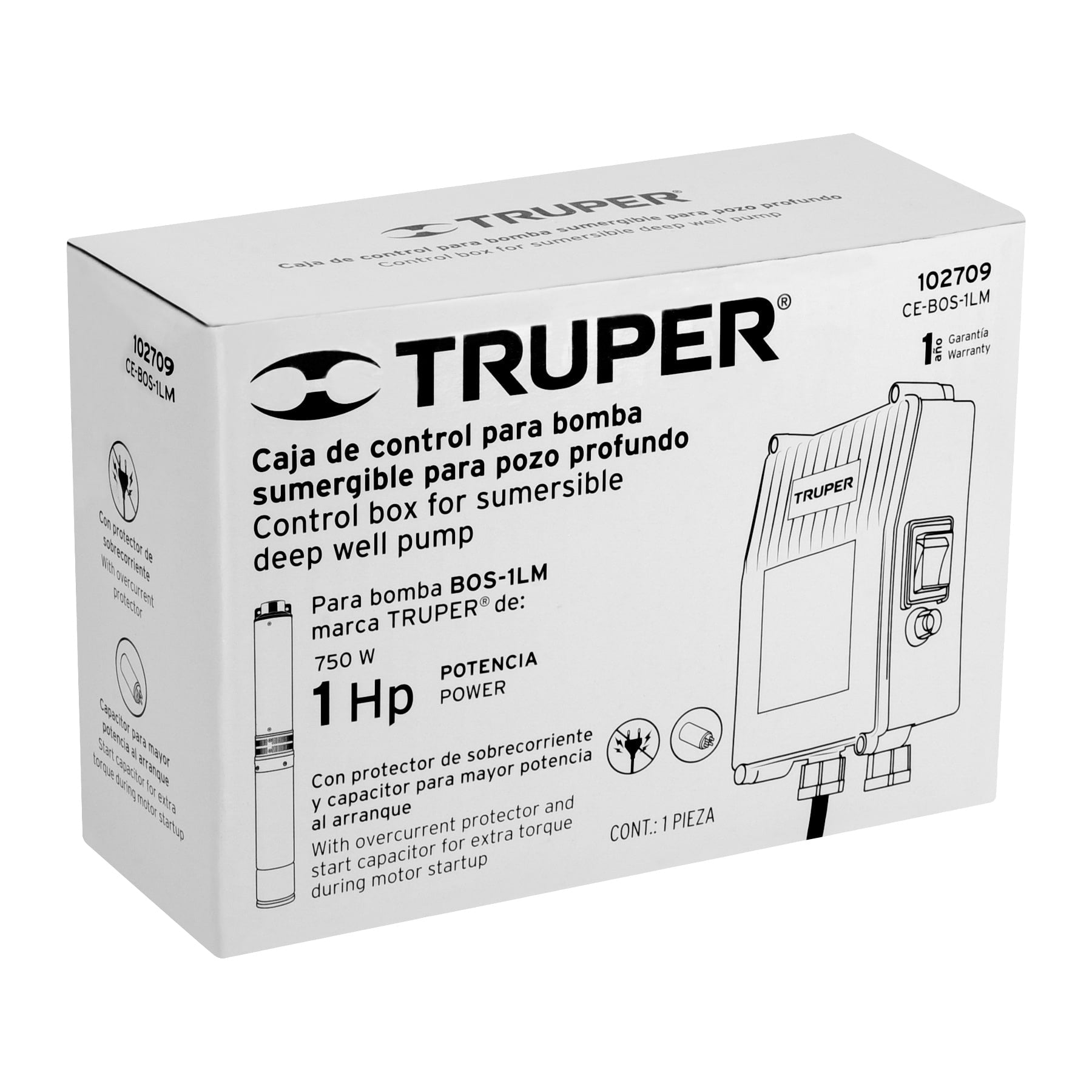 Caja de control para bomba tipo bala 1 HP, TRUPER. Modelo: CE-BOS-1LM